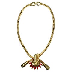 Mazer Gold Plated Red and Clear Rhinestone Pendant Necklace circa 1940s