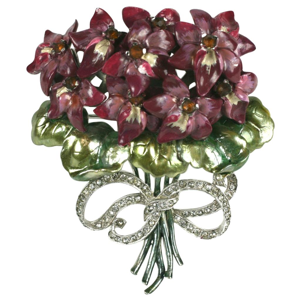 Mazer Large Pearlescent Enamel Violet Bouquet Brooch For Sale