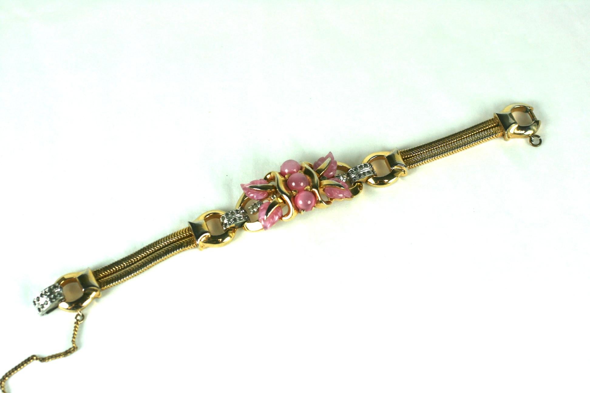 Mazer Fruit Salad Bracelet from the 1940's with pearlized pink florals mixed with pave accents. Central motif linked to 2 gilt tank chains and clasp. Signed 