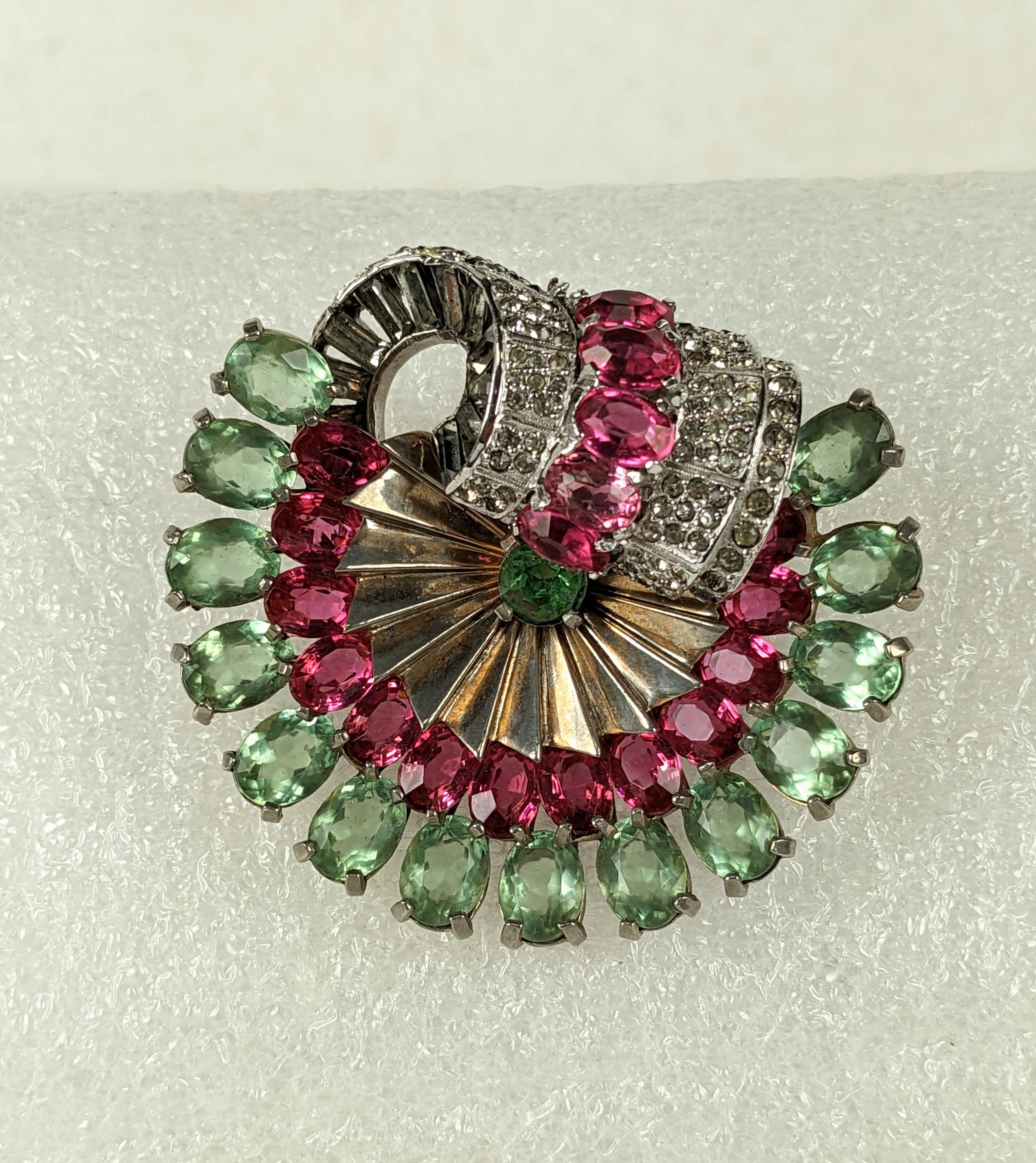 Mazer Retro Pink Green Clip Brooch from the 1940's. Typically Retro design with a pave baguette swirl with oval cut pastes in pink and pale green. Signed Mazer, 1940's USA. 2