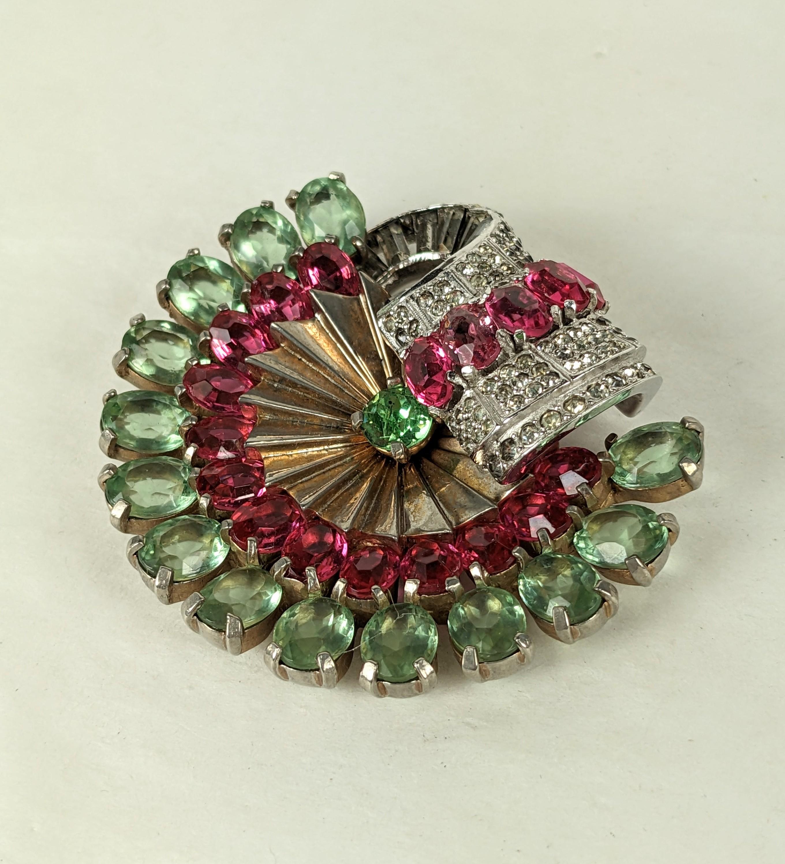 Mazer Retro Pink Green Oval Paste Clip Brooch In Good Condition For Sale In New York, NY