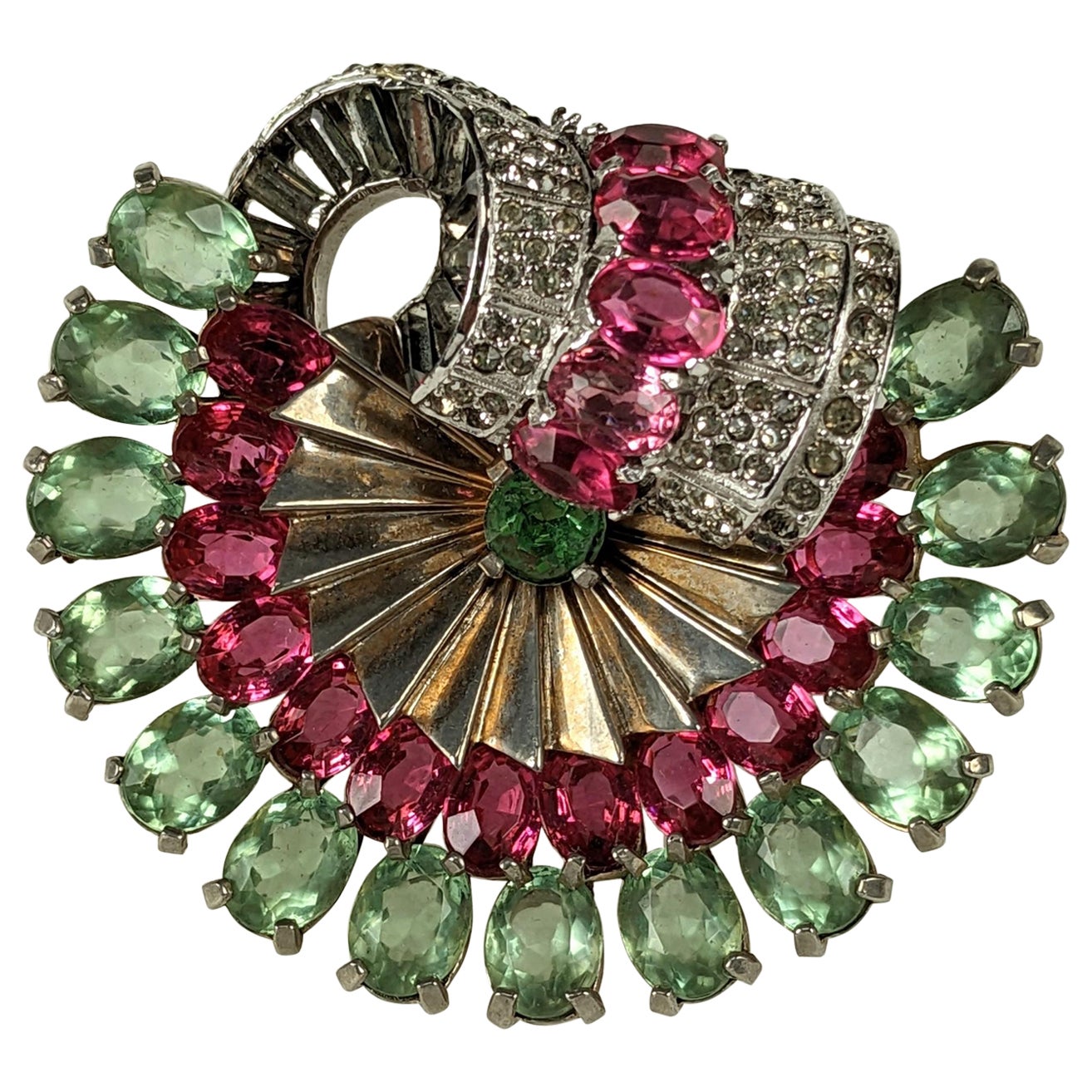 Broche de clip ovalado de pasta verde rosa retro Mazer en venta
