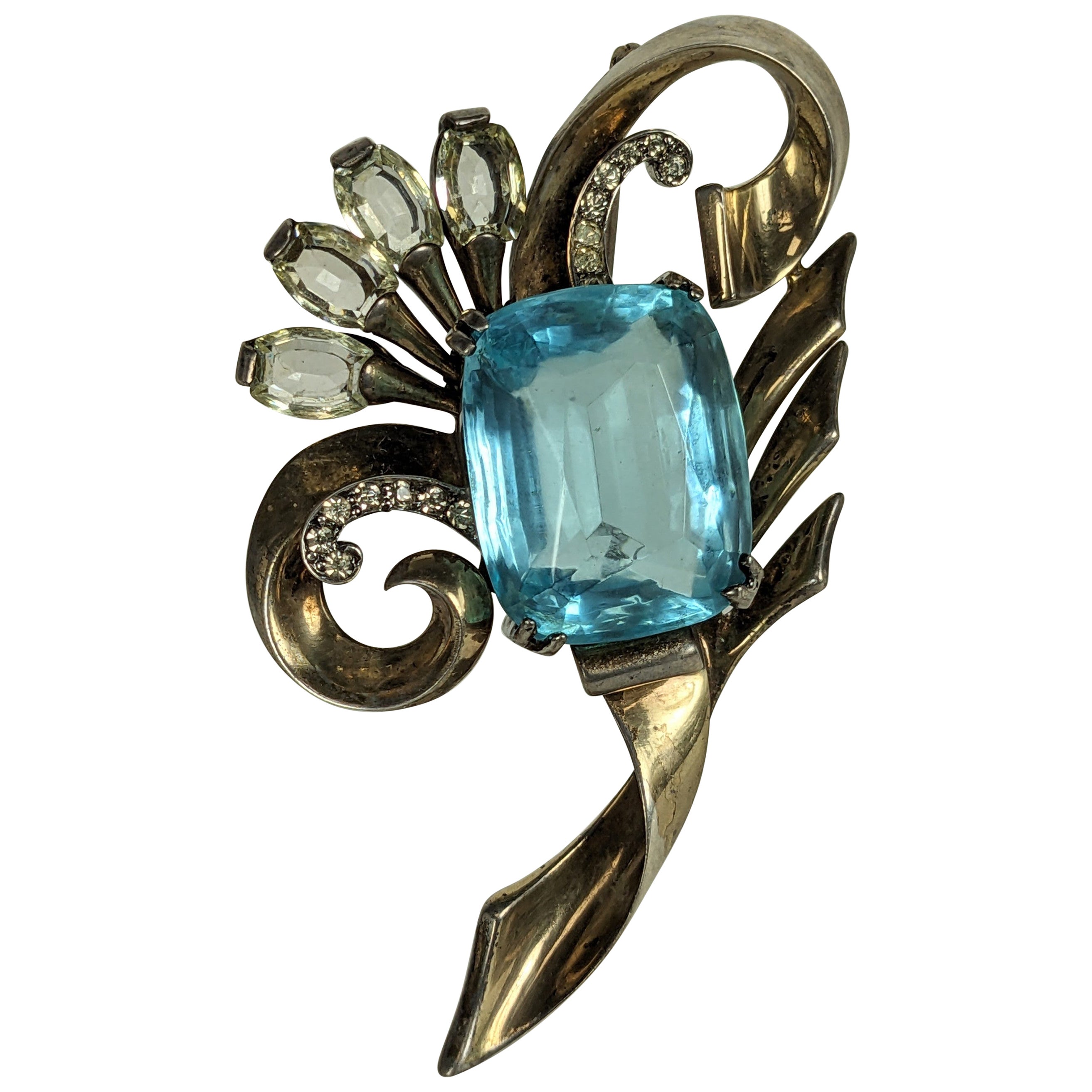 Mazer Retro Sterling Faux Aquamarine Brooch For Sale