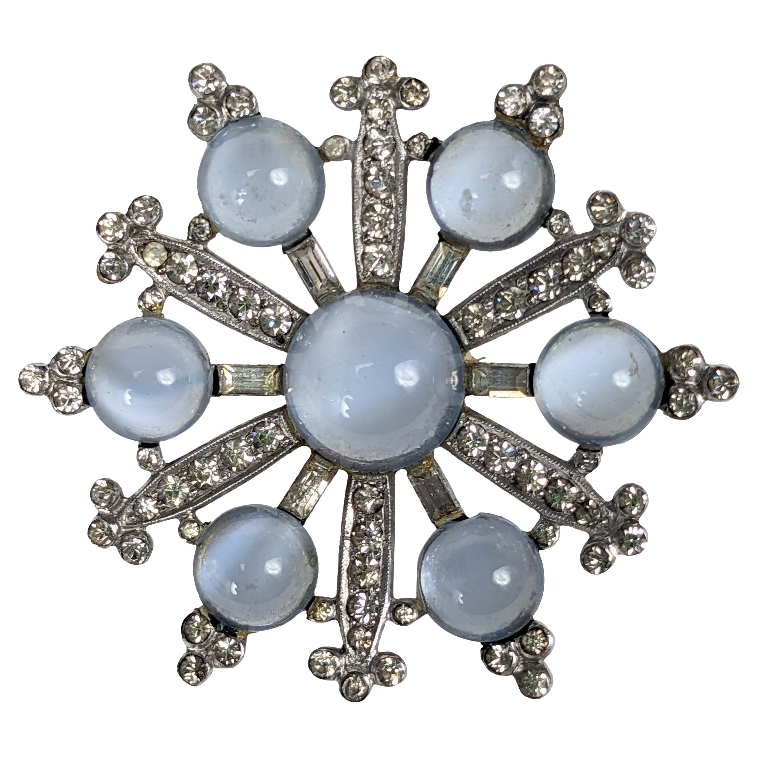 Broche Copo de Nieve de Piedra Lunar Retro de Esterlina Mazer en venta