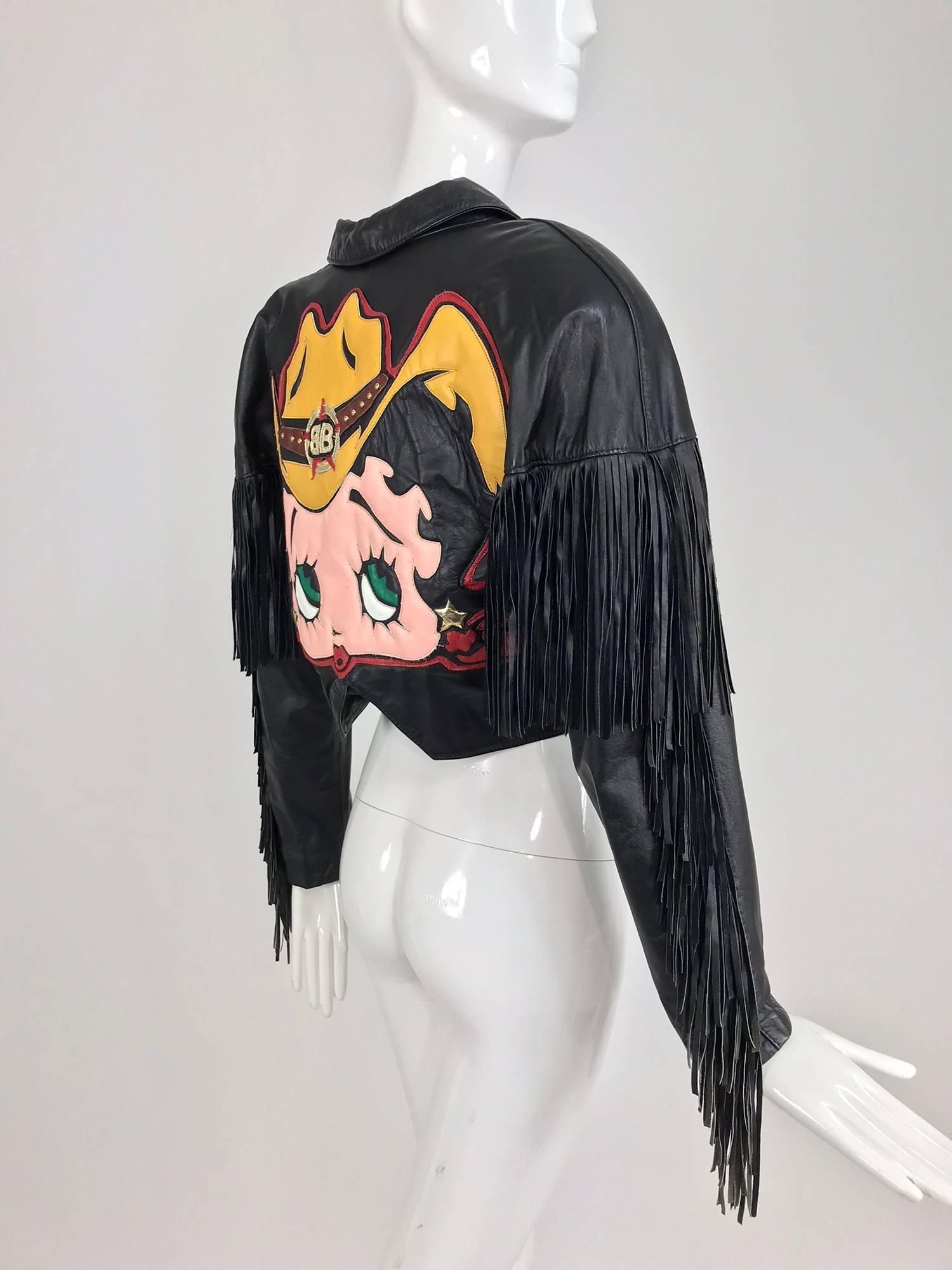 Black Maziar Betty Boop cowgirl black fringe leather jacket 1980s