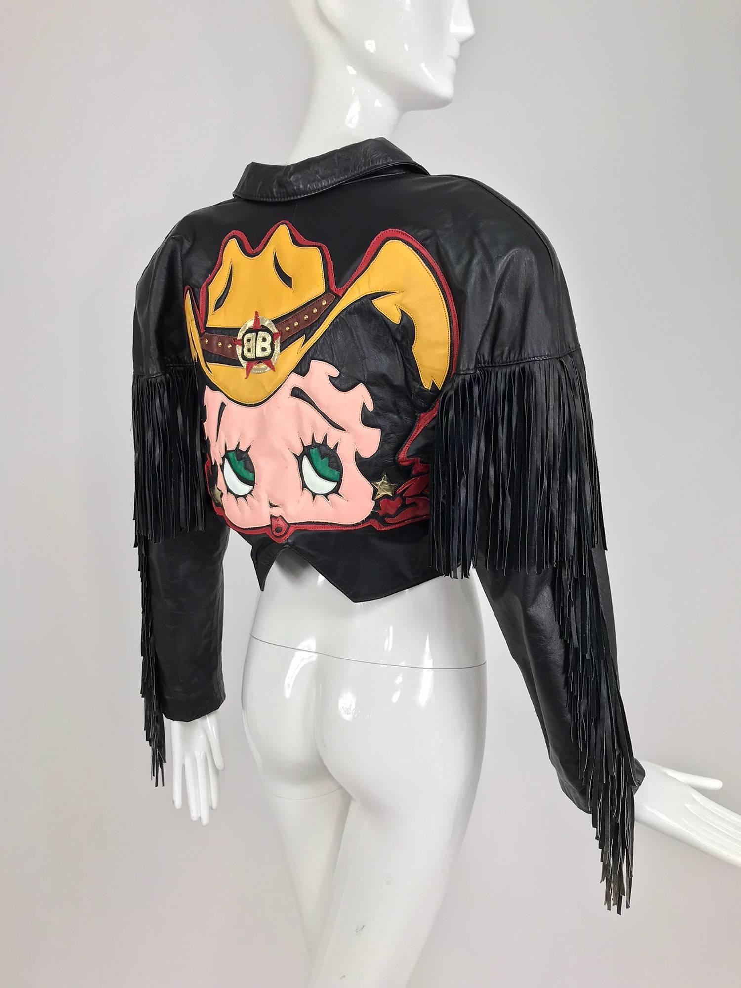 Maziar Betty Boop cowgirl black fringe leather jacket 1980s In Excellent Condition In West Palm Beach, FL