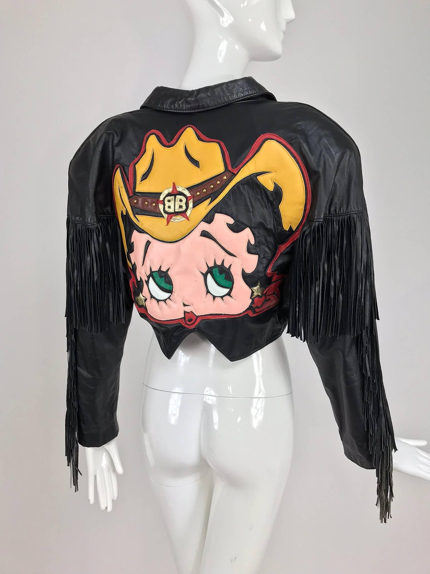 Women's Maziar Betty Boop cowgirl black fringe leather jacket 1980s