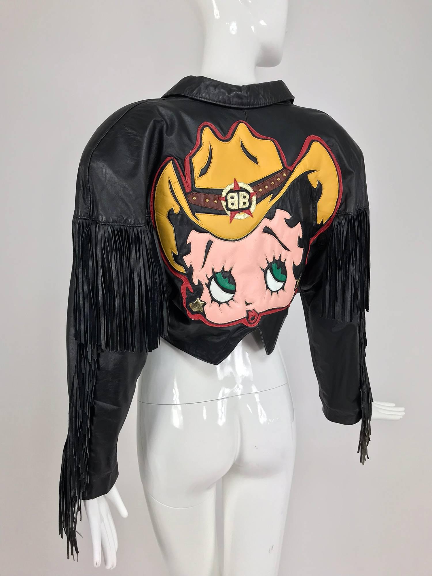 Maziar Betty Boop cowgirl black fringe leather jacket 1980s 1