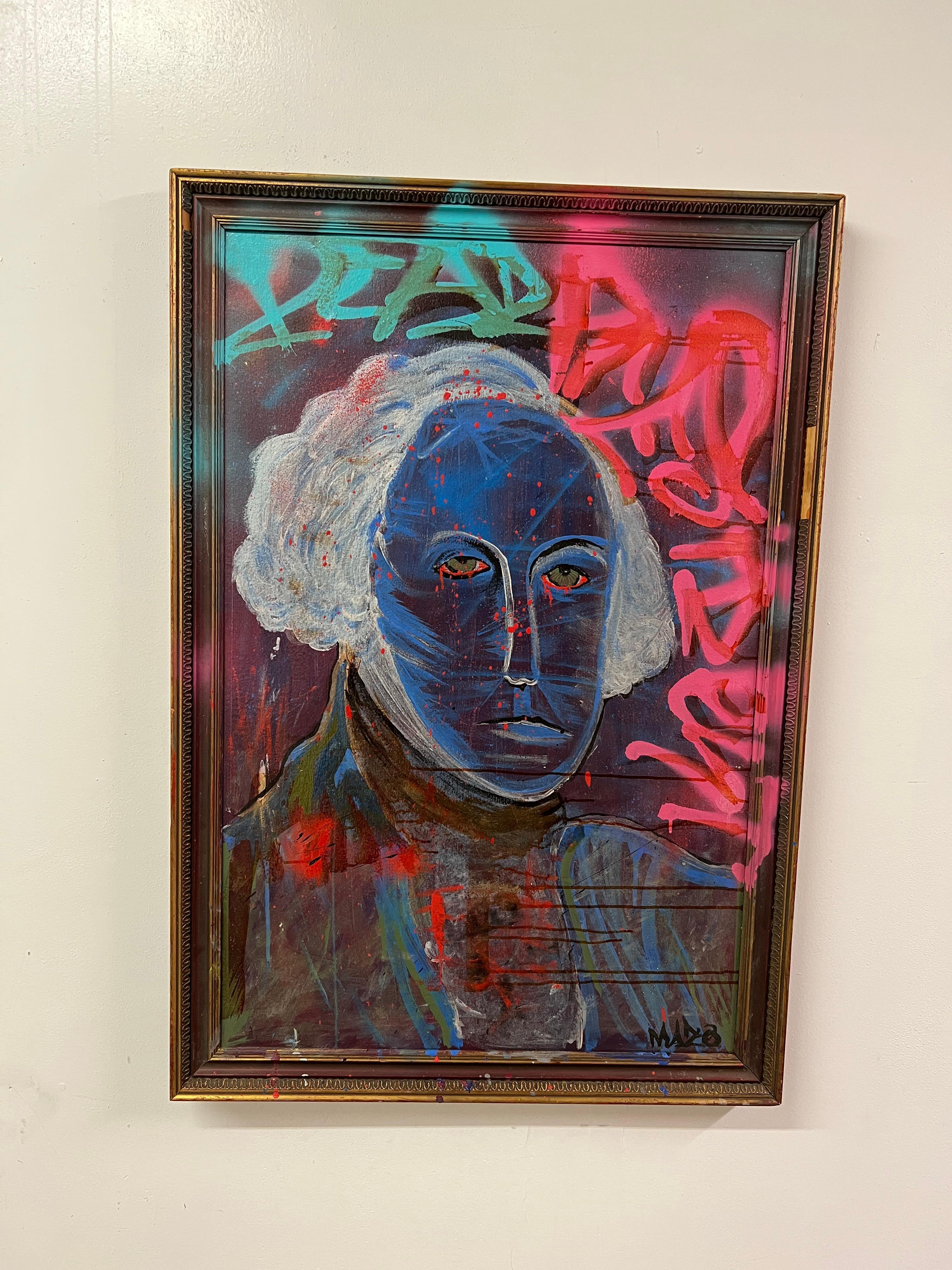 Unique and colorful painting by the Street artist Mazo. Featuring colorful neon graffiti and street style imagery over a stylized portrait of an early American person, like Washington.