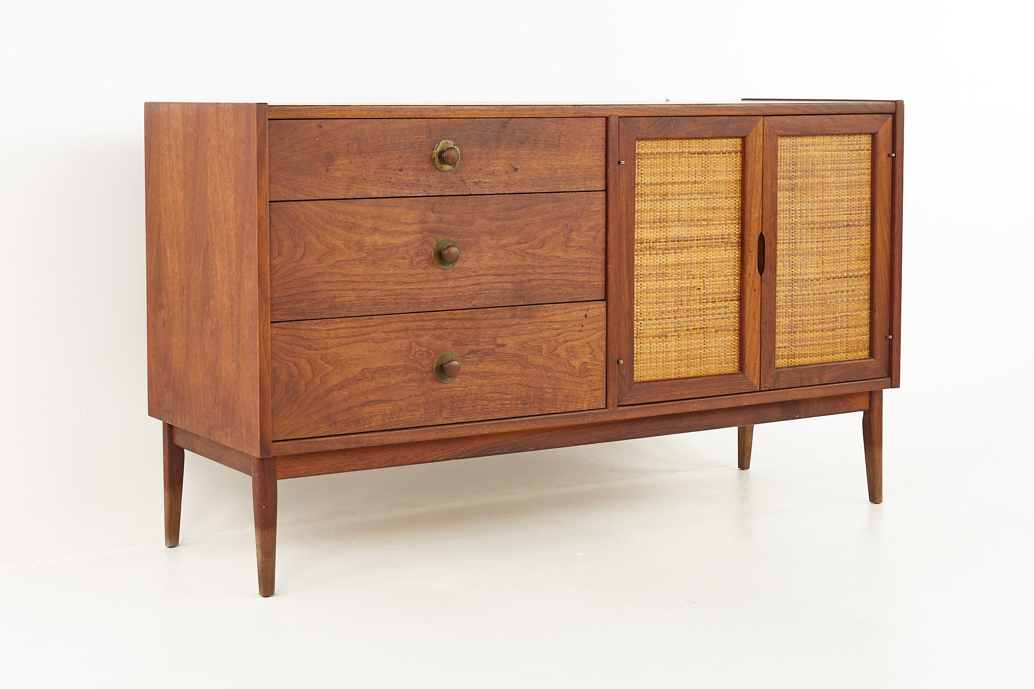 Mazor Mid Century Cane and Walnut Sideboard Credenza Buffet with Hutch 3