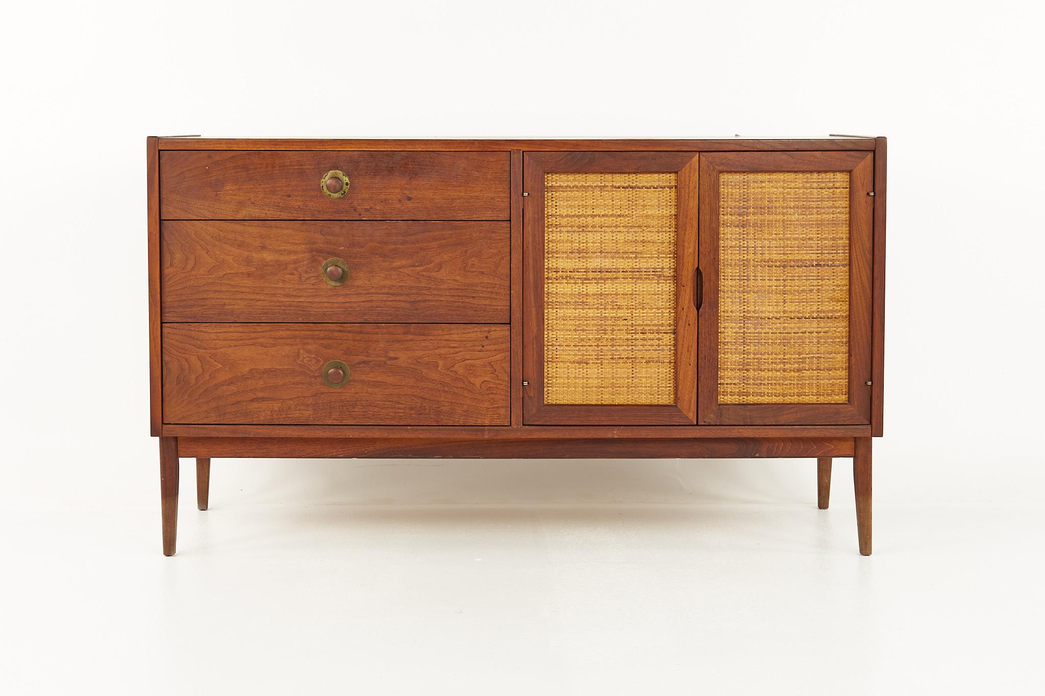 Mazor Mid Century Cane and Walnut Sideboard Credenza Buffet with Hutch 4