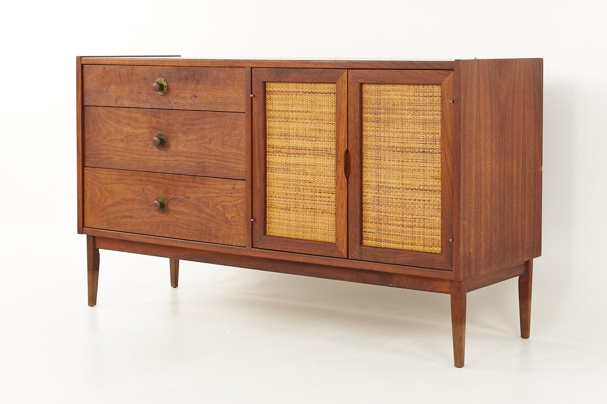 Mazor Mid Century Cane and Walnut Sideboard Credenza Buffet with Hutch 5