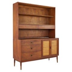 Mazor Mid Century Cane and Walnut Sideboard Credenza Buffet with Hutch