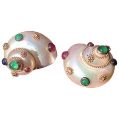 Mazza 14 Karat Gold Mother-of-Pearl Shell Ruby Emerald Sapphire Earrings