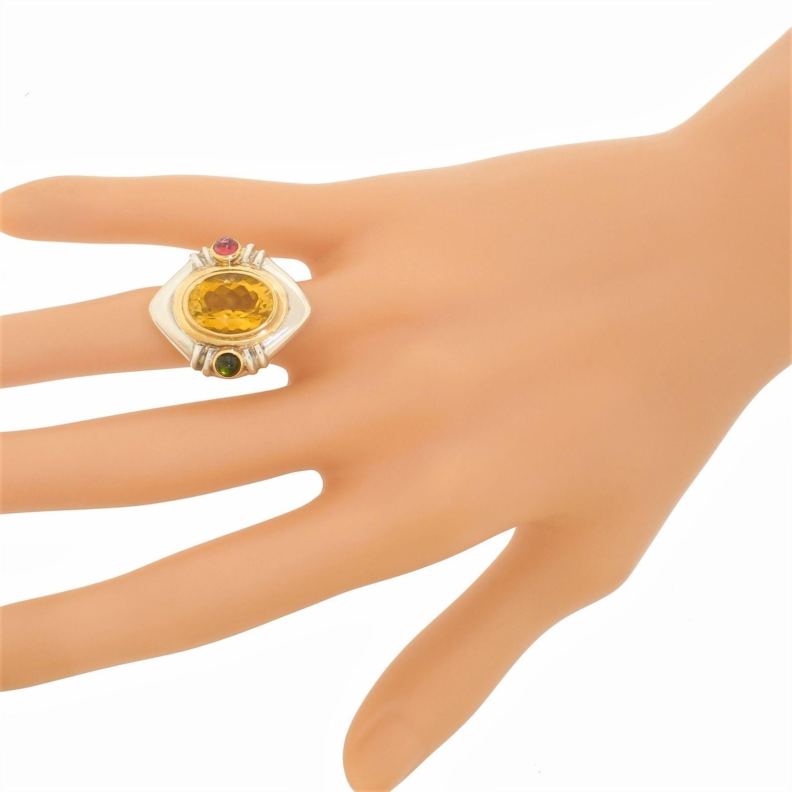 We are happy to offer this fantastic piece of Mazza New York jewelry, it is a large ring that is gorgeous in person.
This piece was advertised in Vogue Magazine in 1989 ( please see photo's) 
In the center lies  a large sparkling Citrine stone which