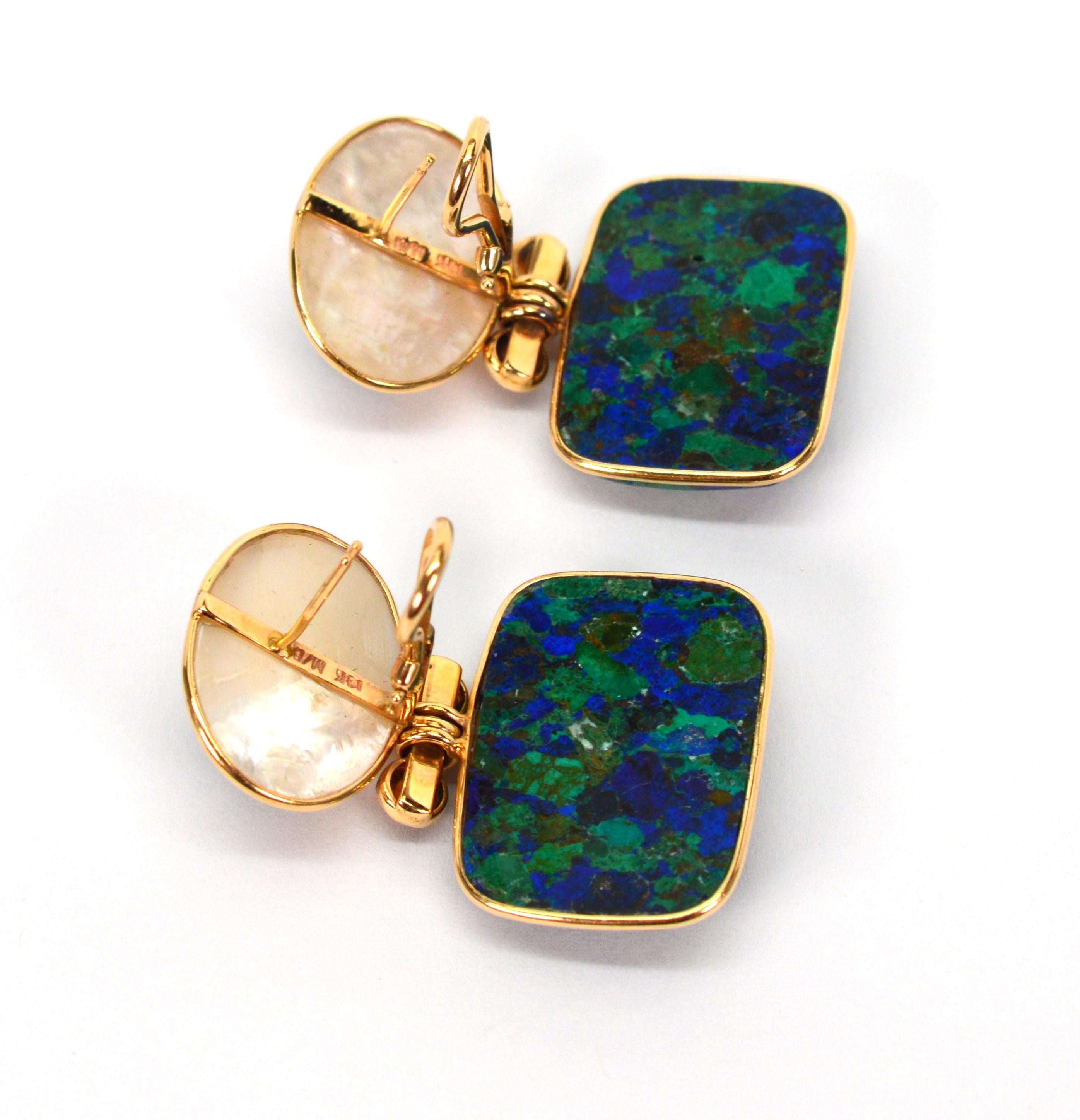 Cabochon Mazza Bartholomew Azurite Malachite 14 Karat Yellow Gold Drop Earrings For Sale
