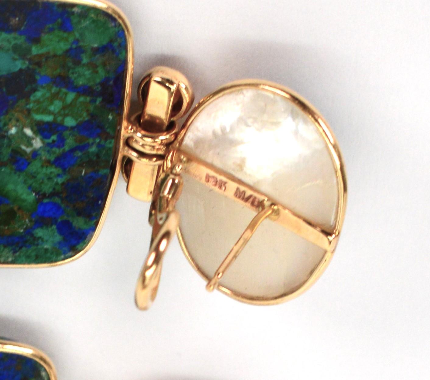 Mazza Bartholomew Azurite Malachite 14 Karat Yellow Gold Drop Earrings In Excellent Condition For Sale In Mount Kisco, NY