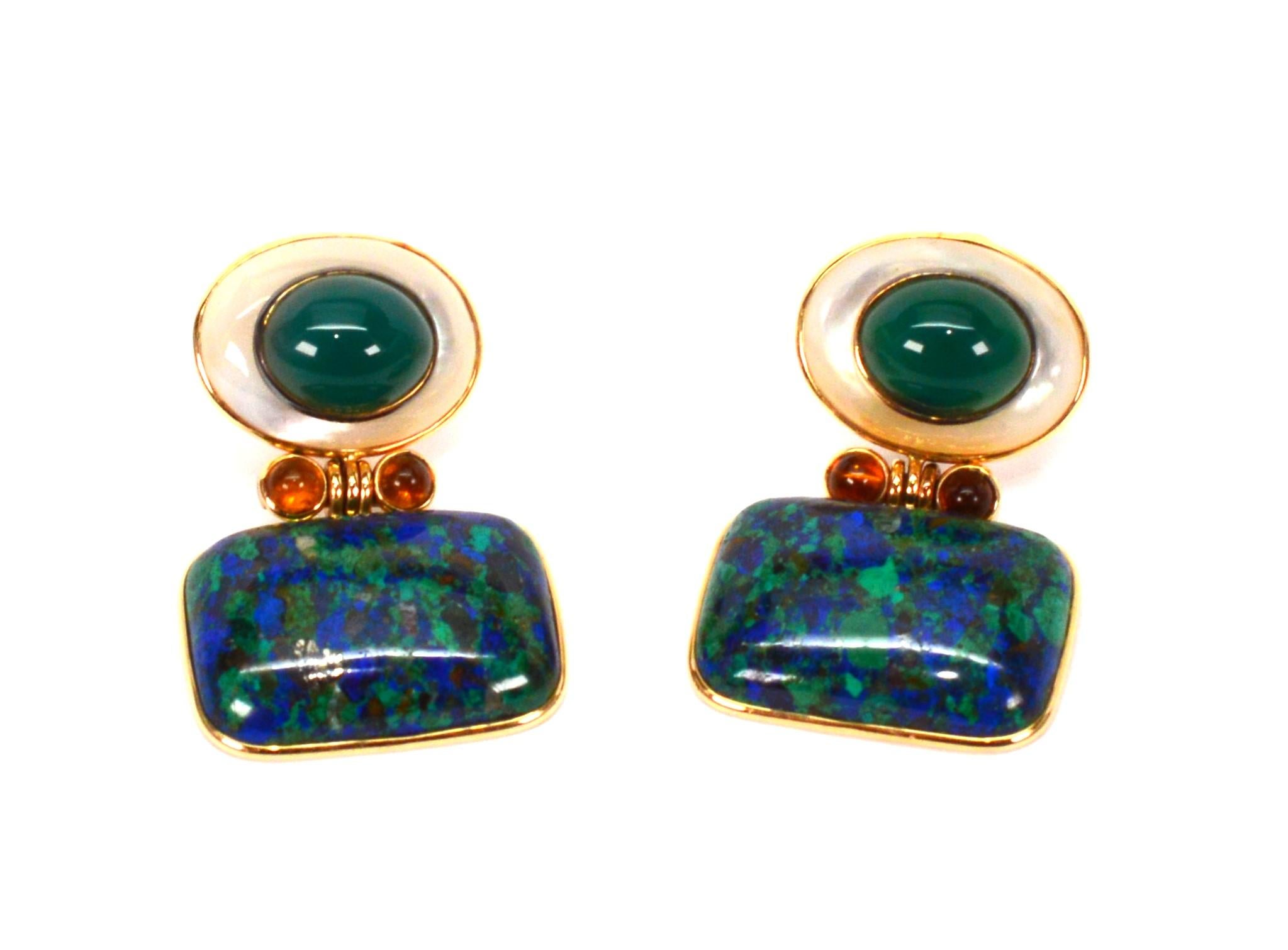 Women's Mazza Bartholomew Azurite Malachite 14 Karat Yellow Gold Drop Earrings For Sale