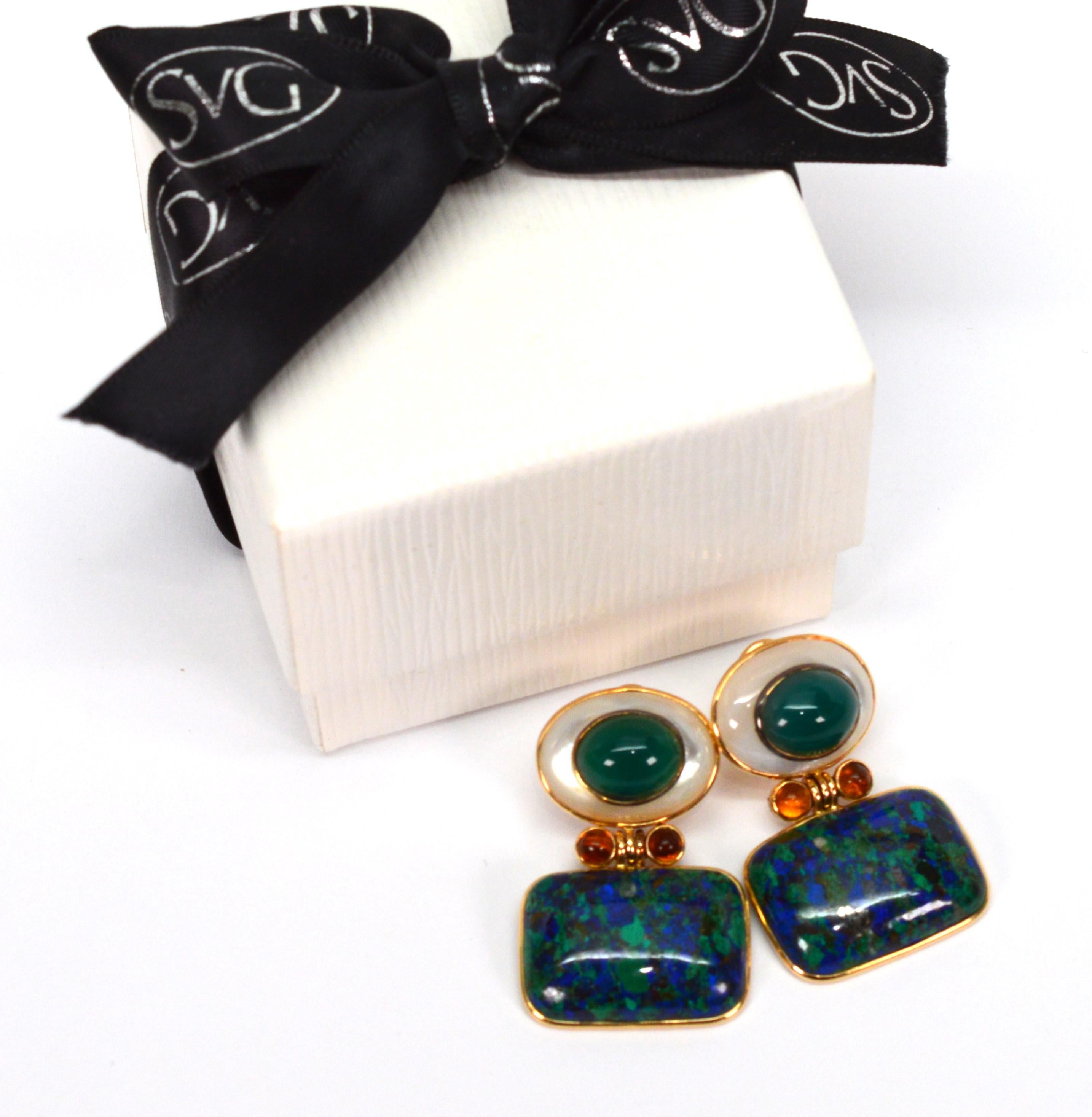 Mazza Bartholomew Azurite Malachite 14 Karat Yellow Gold Drop Earrings For Sale 1