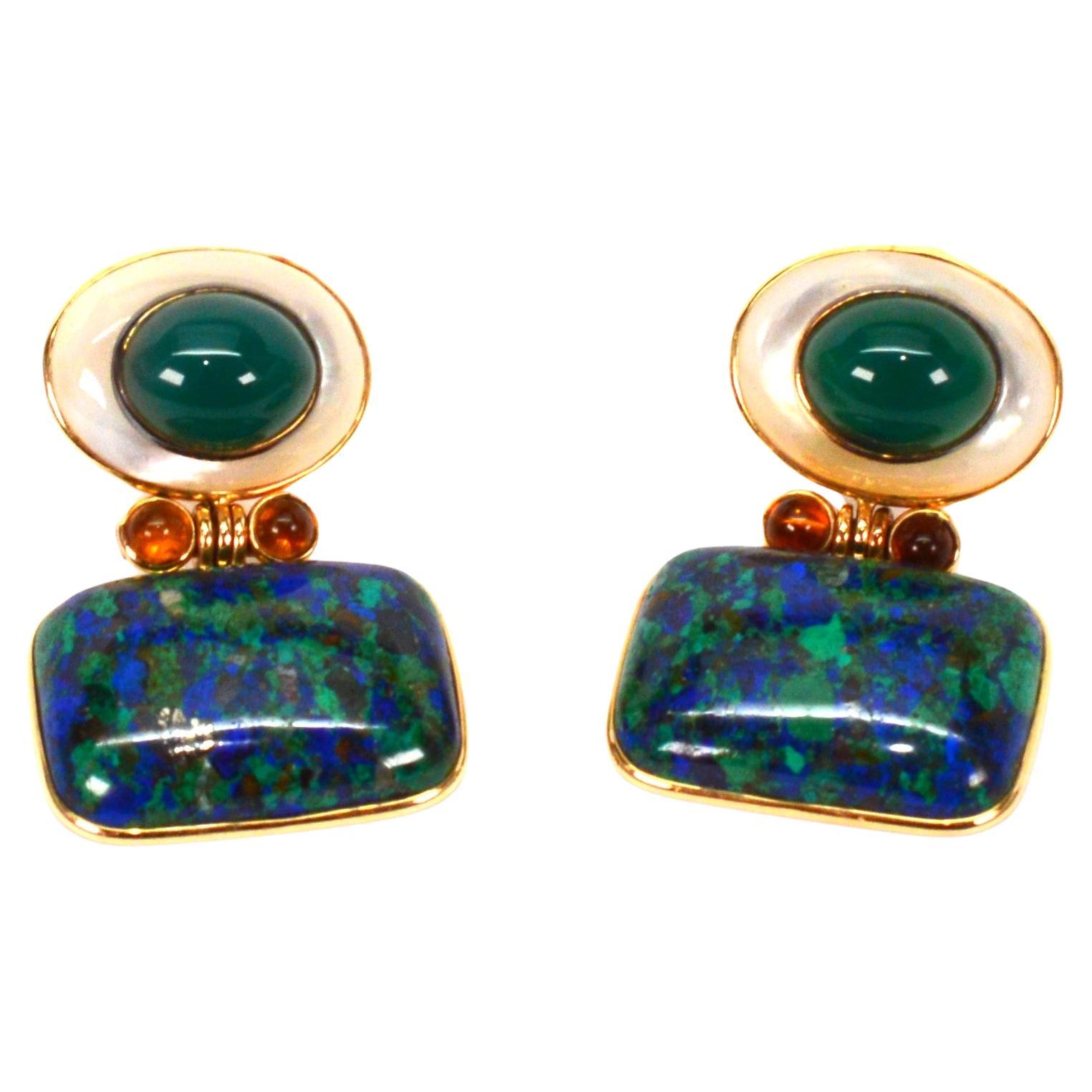 Mazza Bartholomew Azurite Malachite 14 Karat Yellow Gold Drop Earrings For Sale