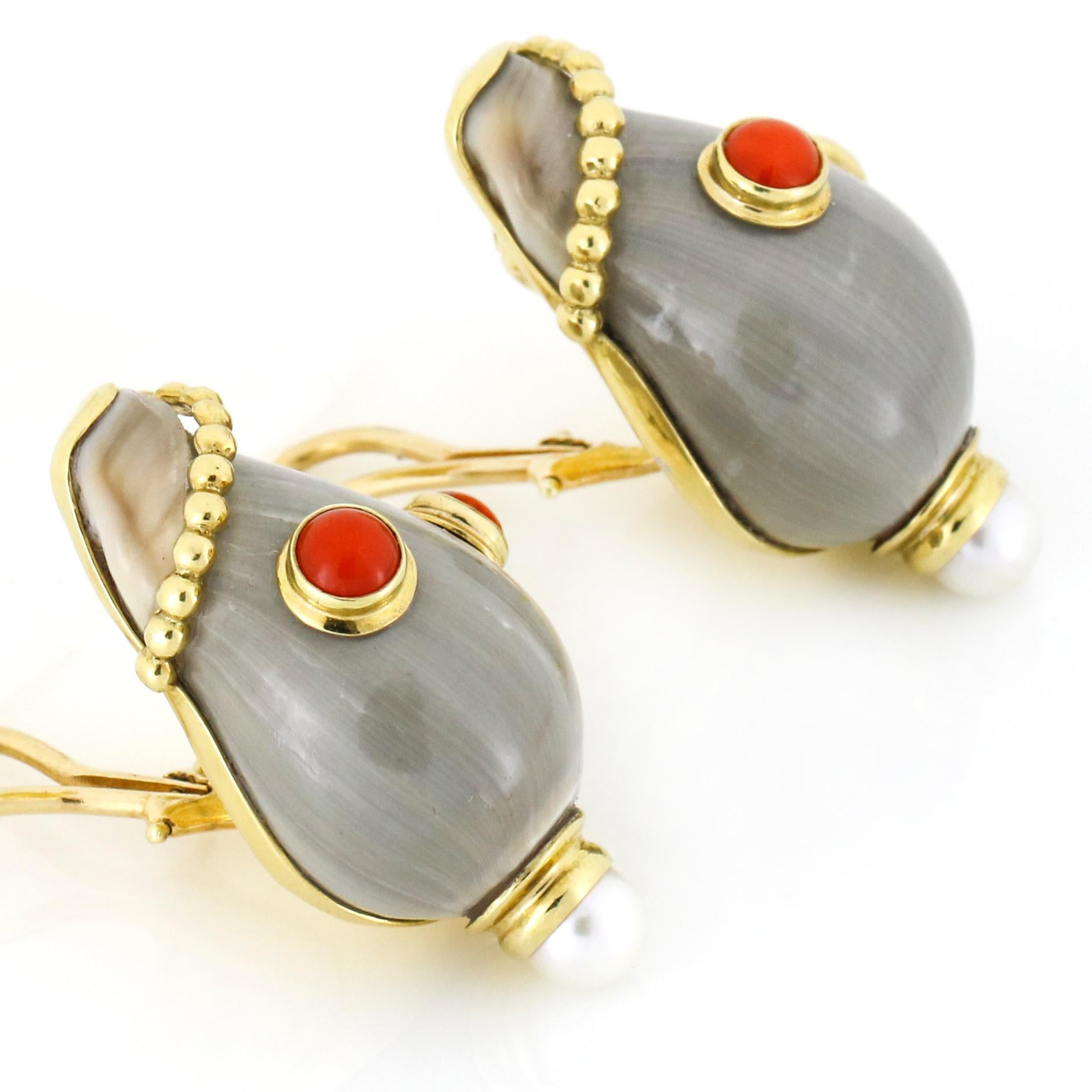 Women's Mazza Bartholomew Grey Sea Shell Coral Pearl Clip-On Earrings in 18 Karat Gold For Sale
