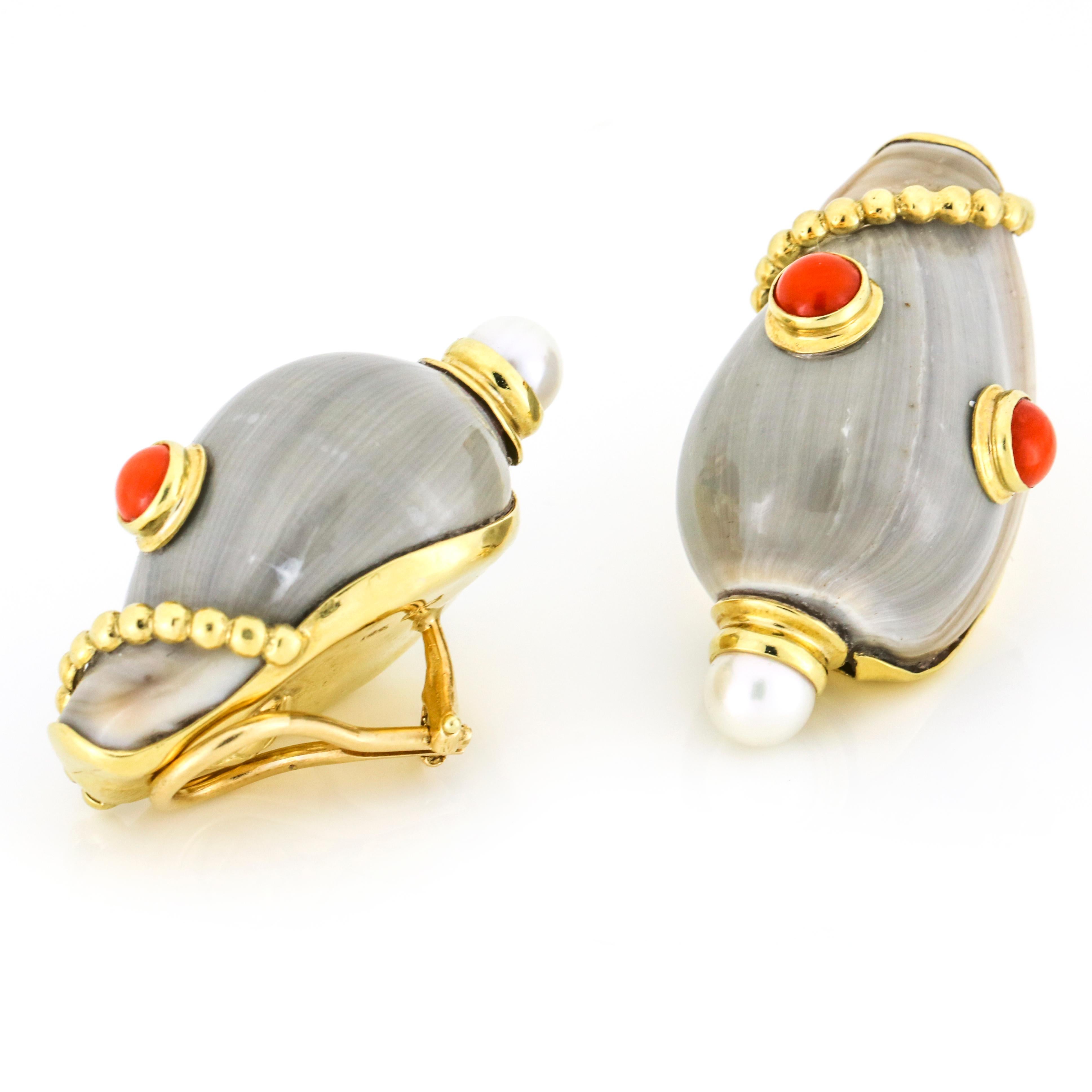 Mazza Bartholomew Grey Sea Shell Coral Pearl Clip-On Earrings in 18 Karat Gold For Sale 1