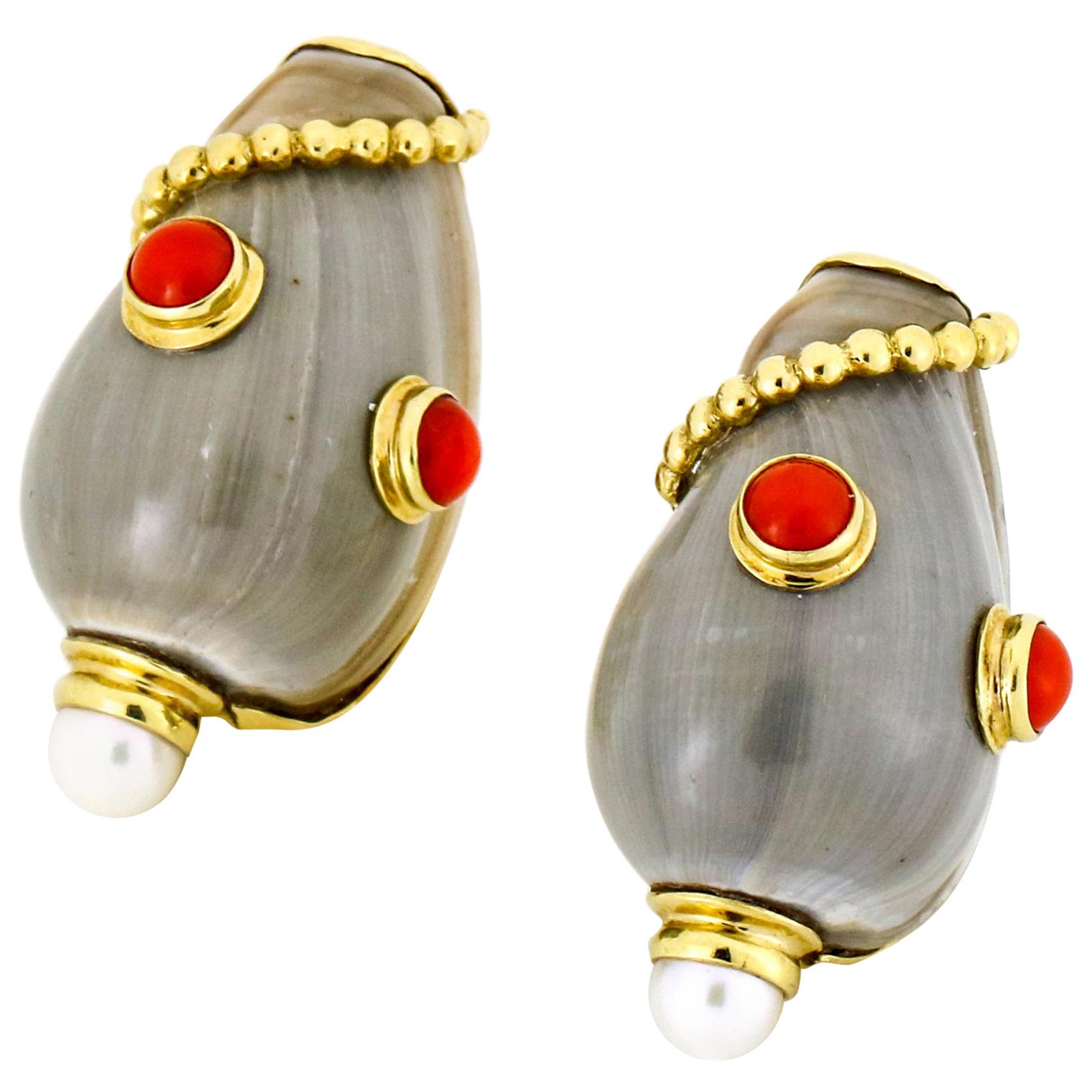 Mazza Bartholomew Grey Sea Shell Coral Pearl Clip-On Earrings in 18 Karat Gold For Sale