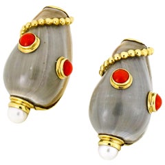 Mazza Bartholomew Grey Sea Shell Coral Pearl Clip-On Earrings in 18 Karat Gold