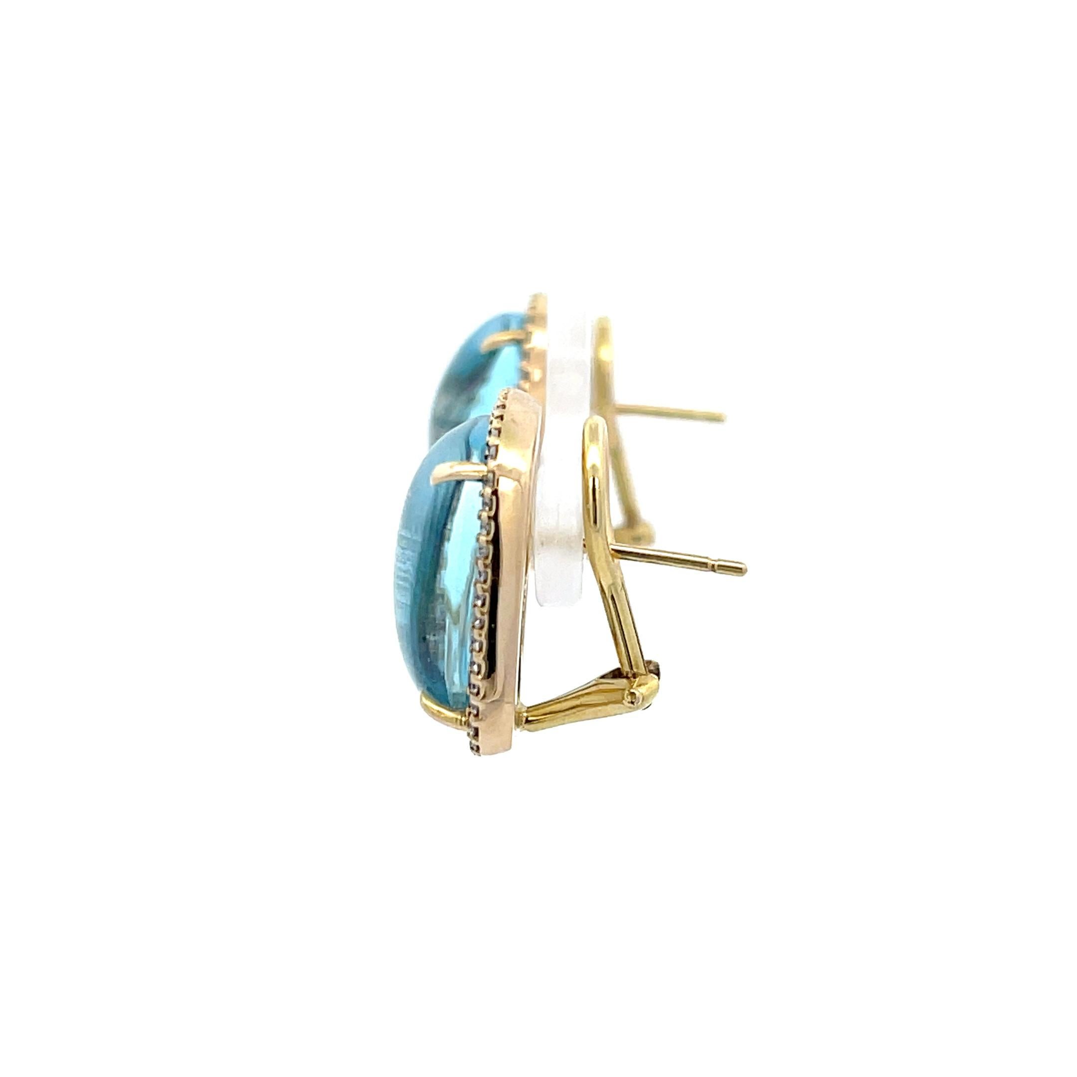 Mazza Cabochon Blue Topaz, Diamond, and Mother of Pearl Clip On Earrings in 14K Yellow Gold. The earrings feature 0.44ctw of Round Diamonds.