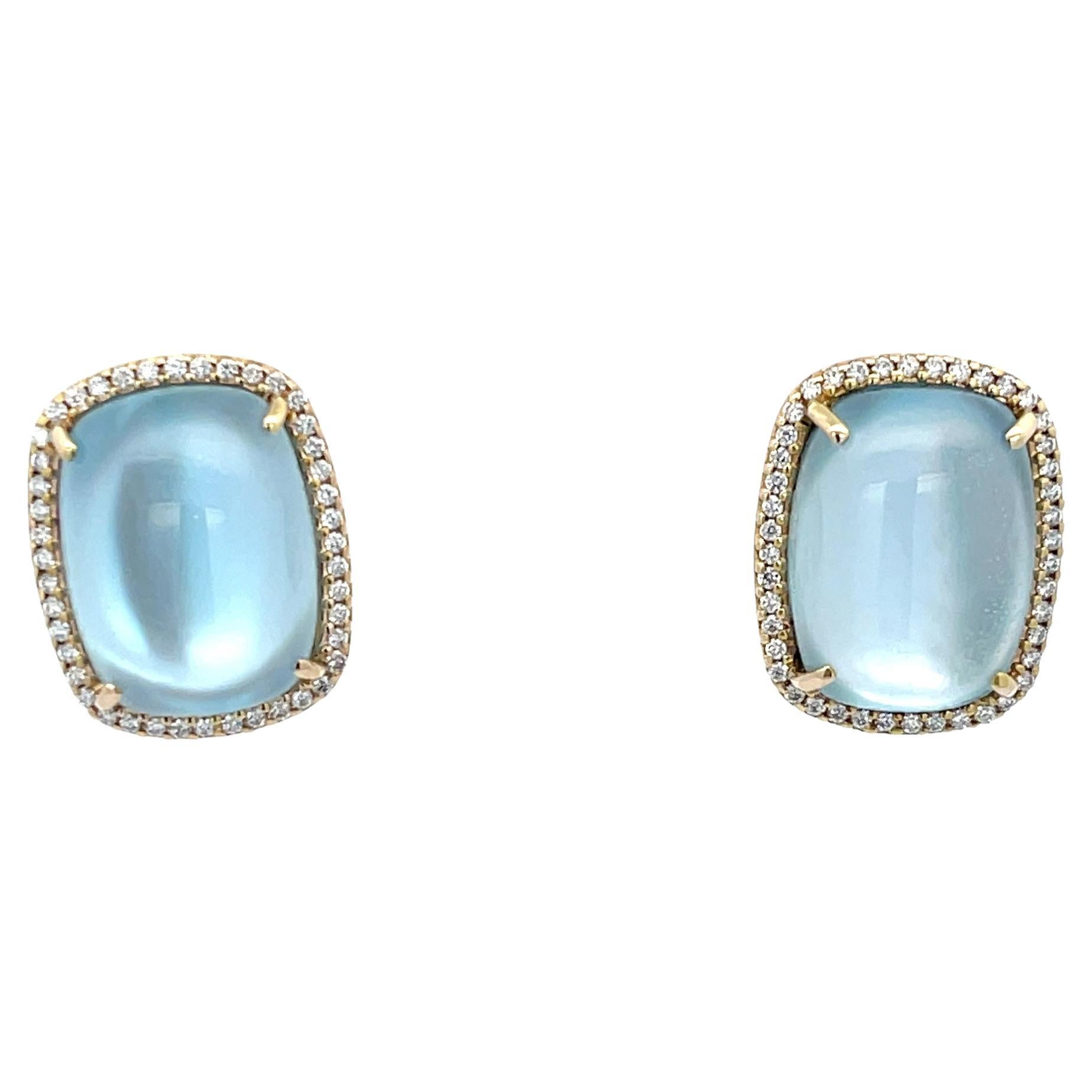 Mazza Cabochon Blue Topaz, Diamond, Mother of Pearl Clip on Earrings 14k Yellow 