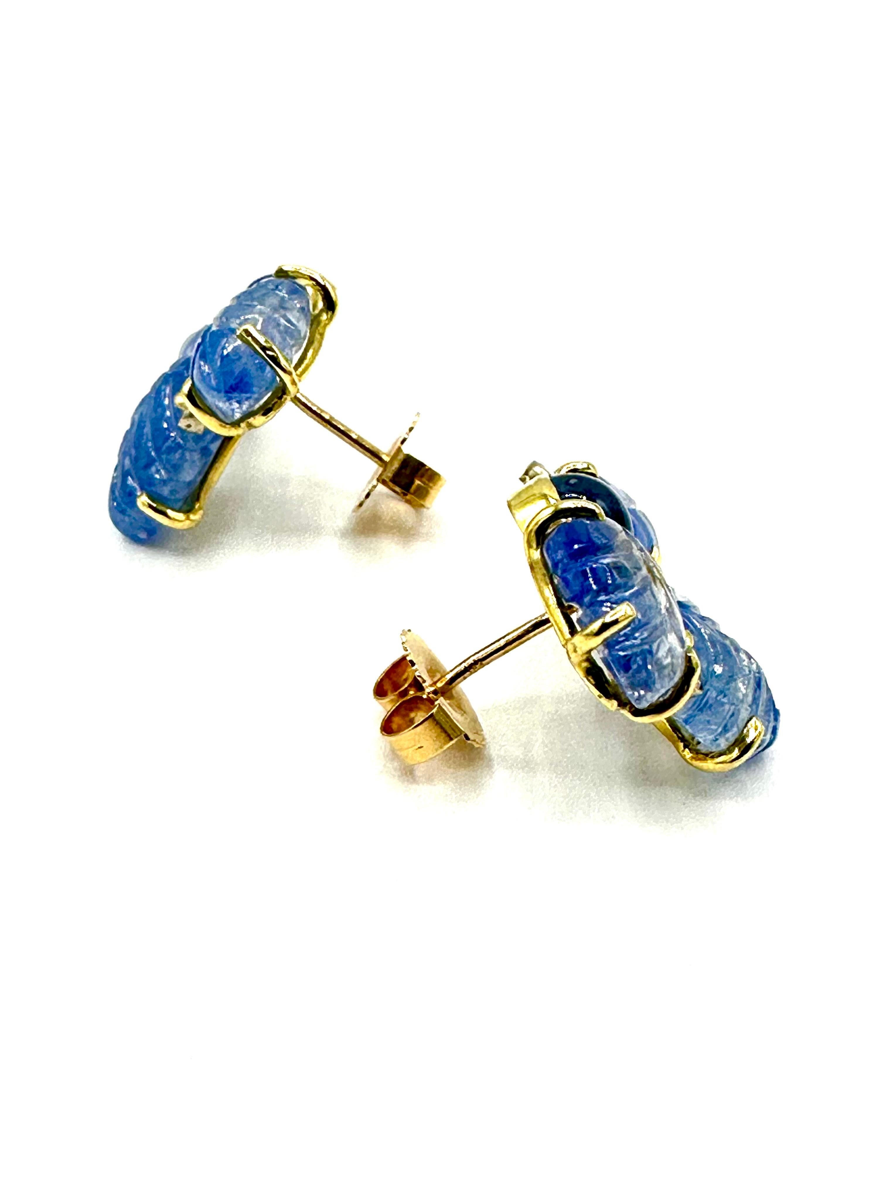 Round Cut Mazza Carved Sapphire and Diamond 18k Yellow Gold Earrings