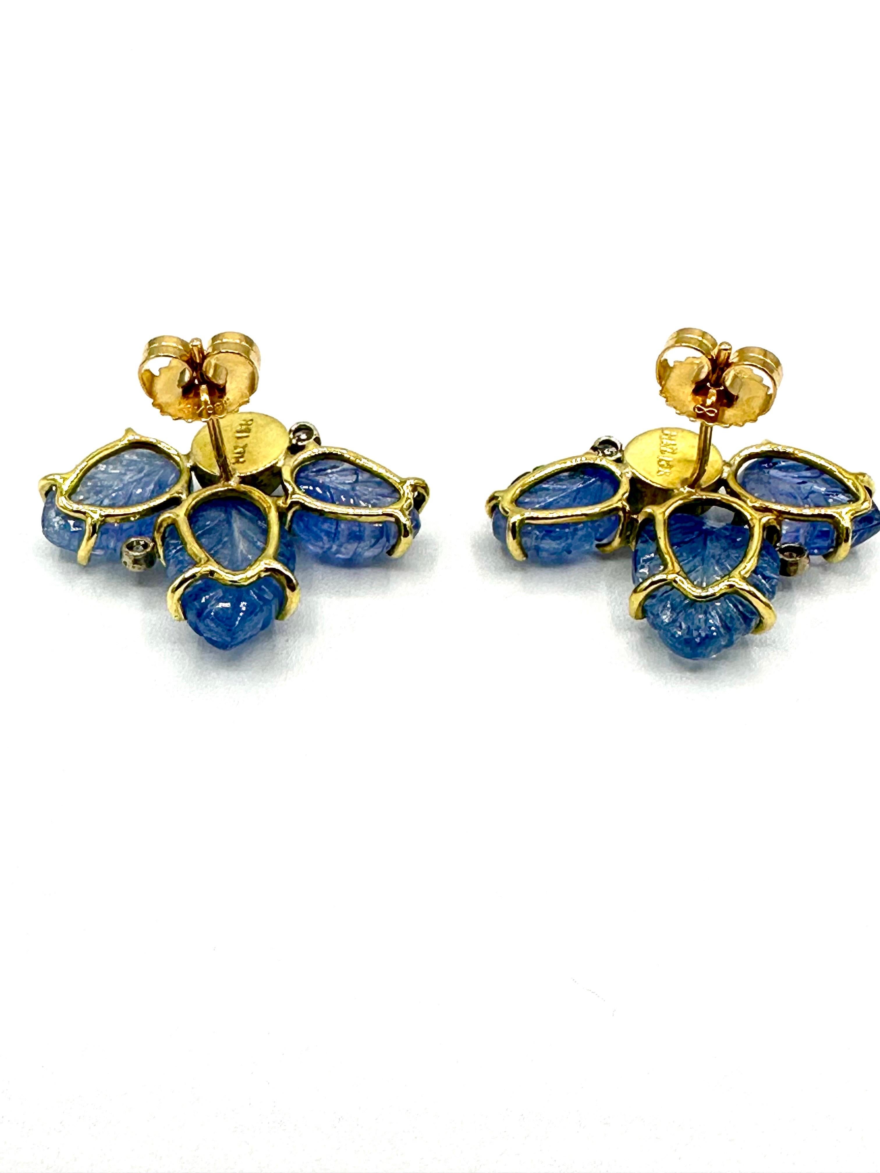Women's or Men's Mazza Carved Sapphire and Diamond 18k Yellow Gold Earrings