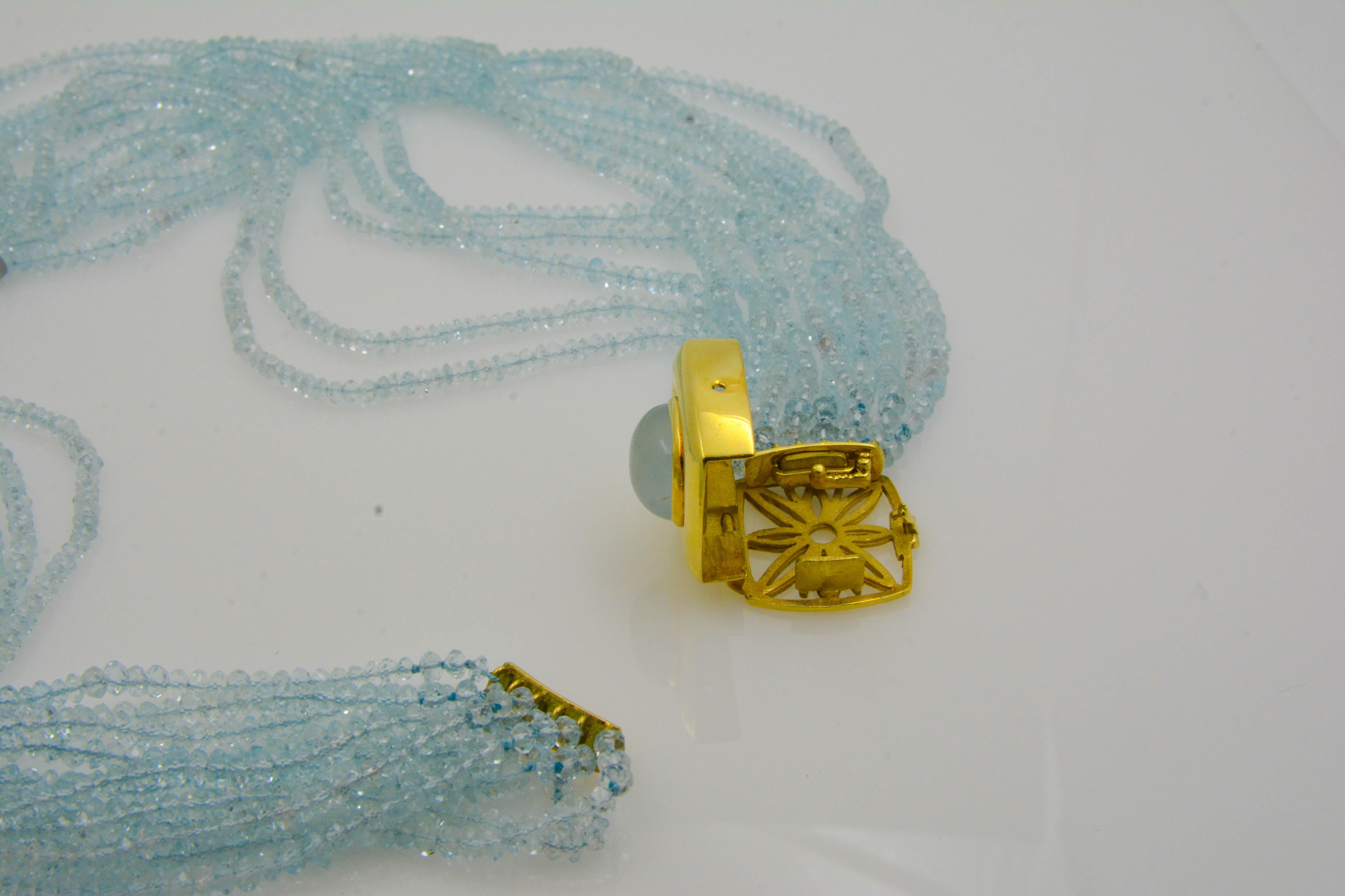 Modern Mazza Company 18 Karat Gold Aquamarine Strand Cabochon Clasp Bracelet/Necklace