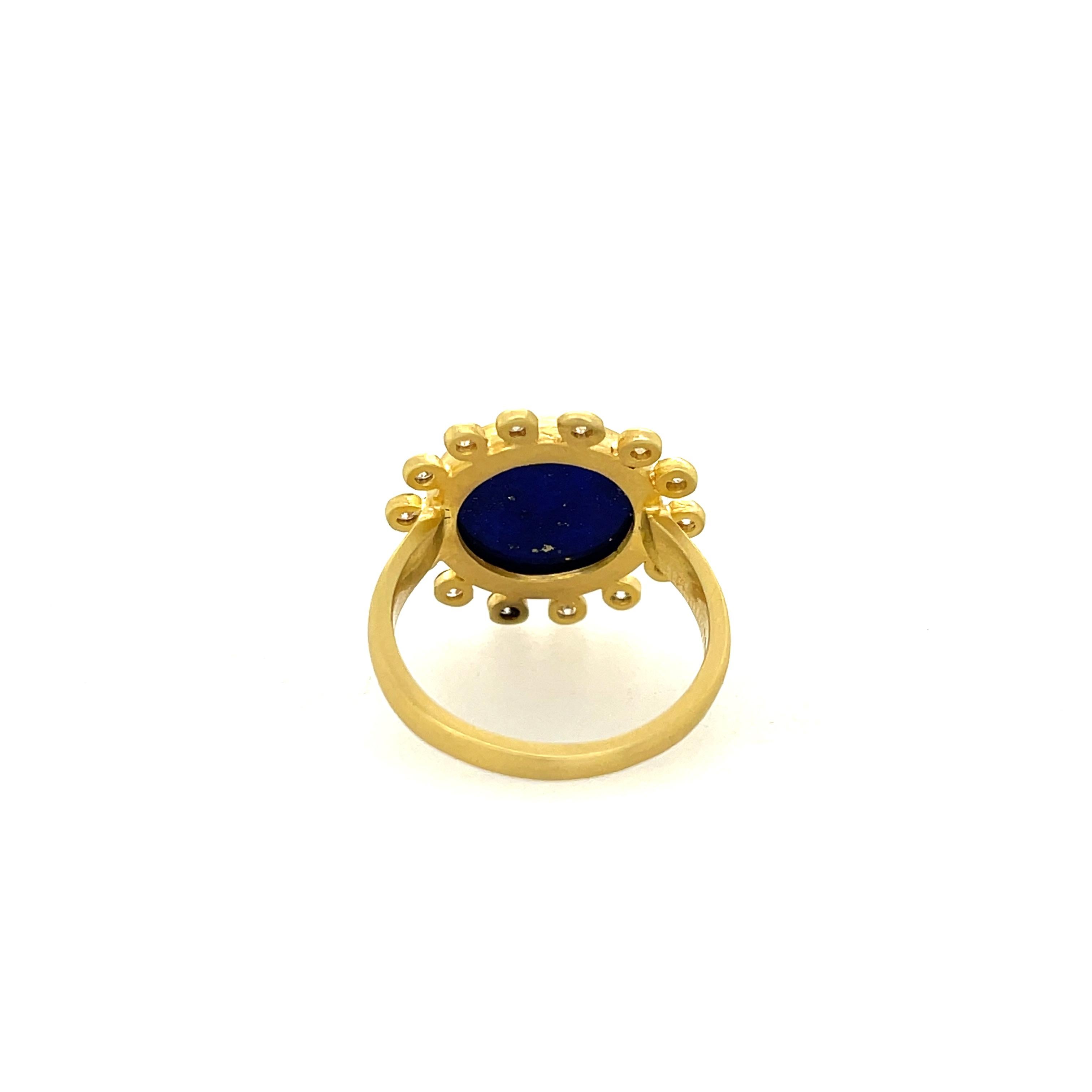 Round Cut Mazza Lapis Moonstone Doublet and Diamond Ring Yellow Gold