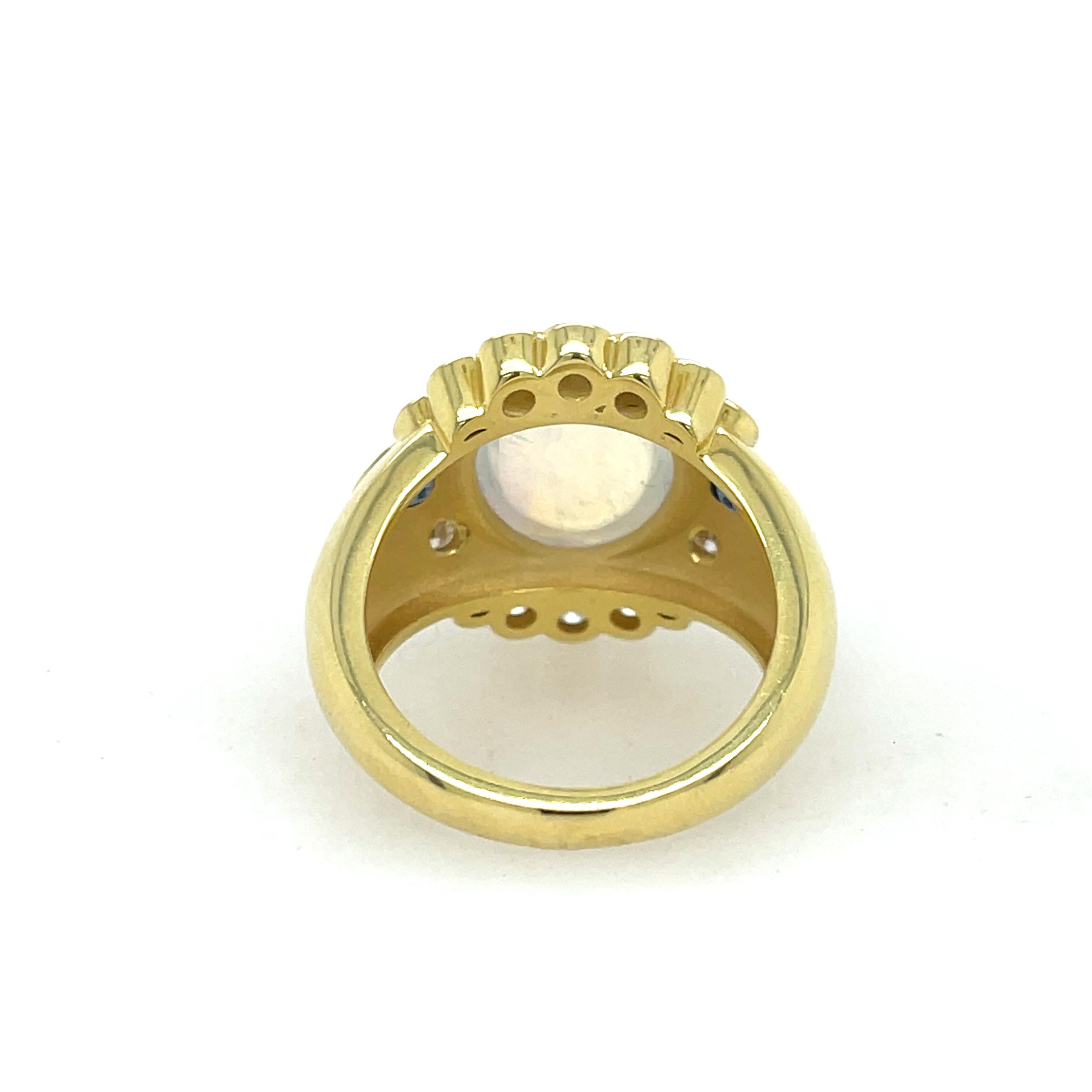 Cabochon Mazza Moonstone, Sapphire, & Diamond Ring Yellow Gold For Sale