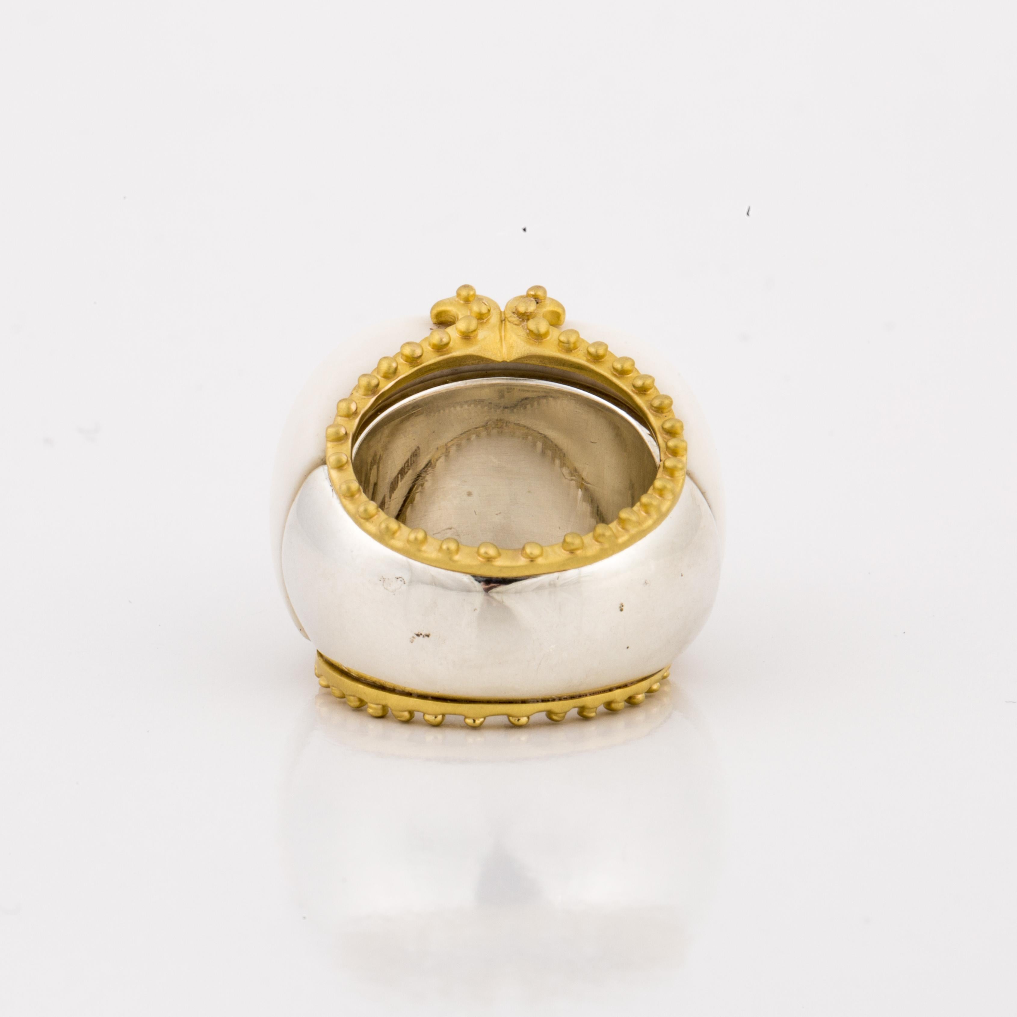 Cabochon Mazza White Agate and Coral Ring in Silver and Gold For Sale