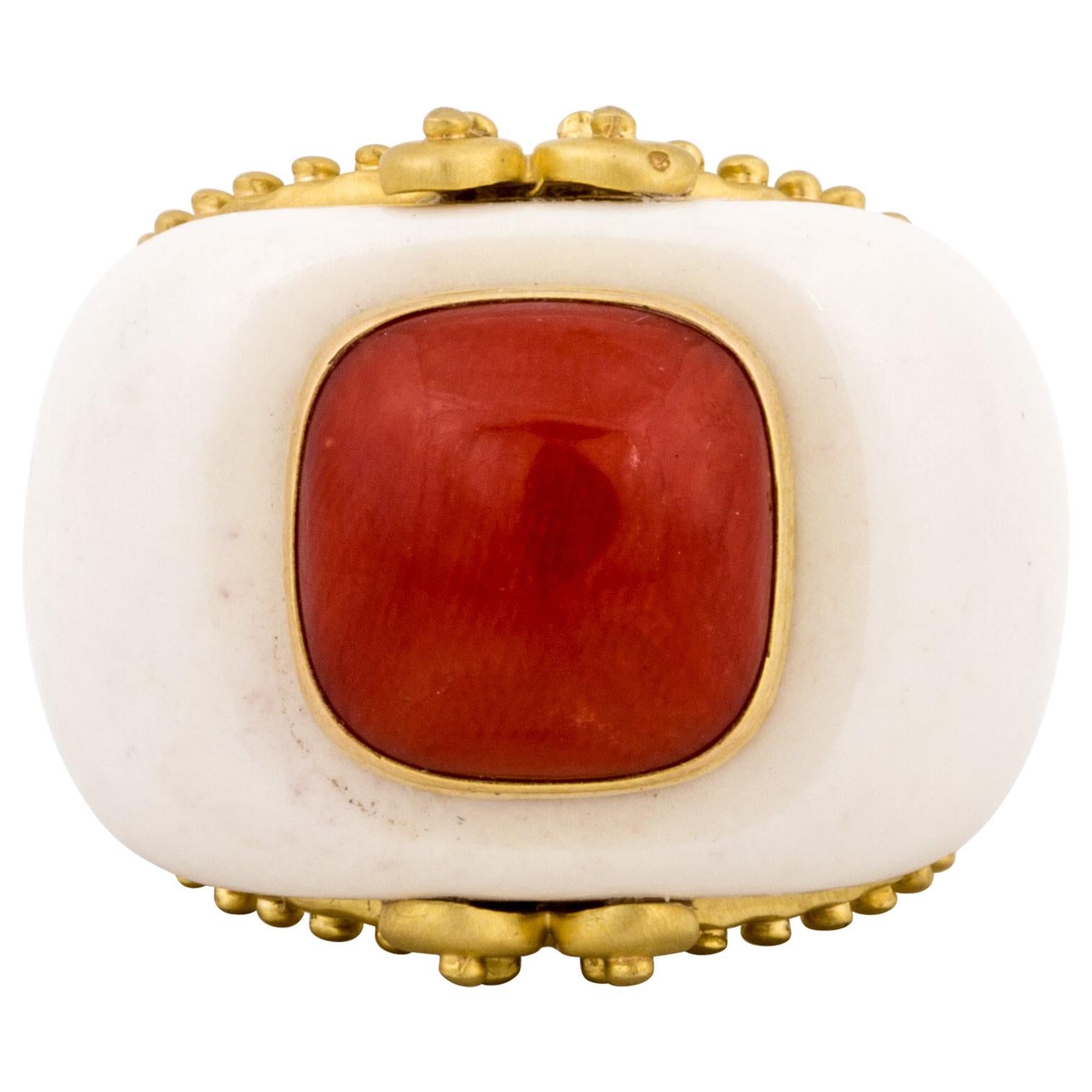 Mazza White Agate and Coral Ring in Silver and Gold For Sale