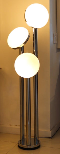 MAZZEGA 1960 Modernist Tall Floor Lamp In Polished Chrome & Milk Glass Globes
