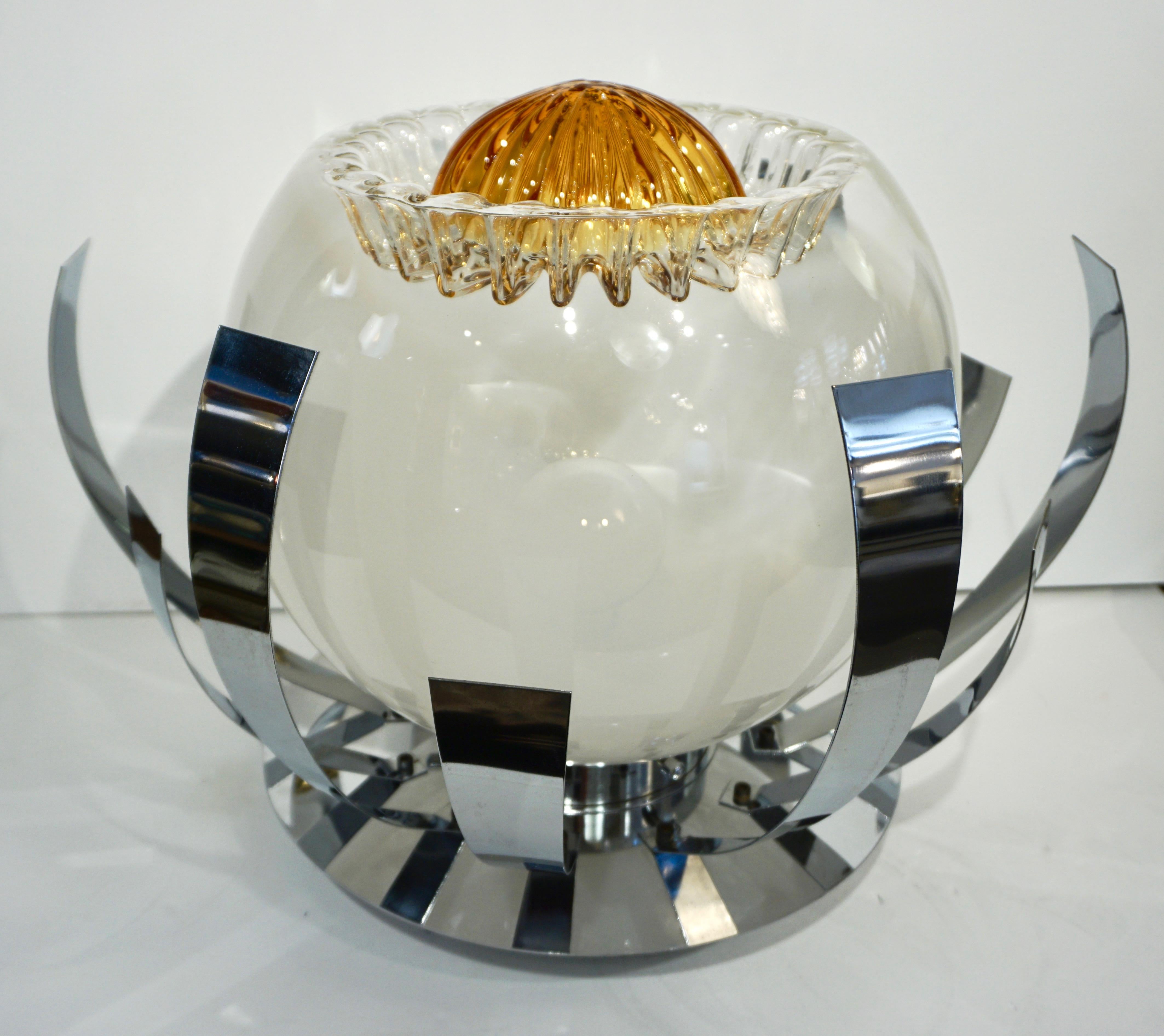 Mazzega 1960s Nickel White & Amber Murano Art Glass Flower Desk / Table Lamp For Sale 7