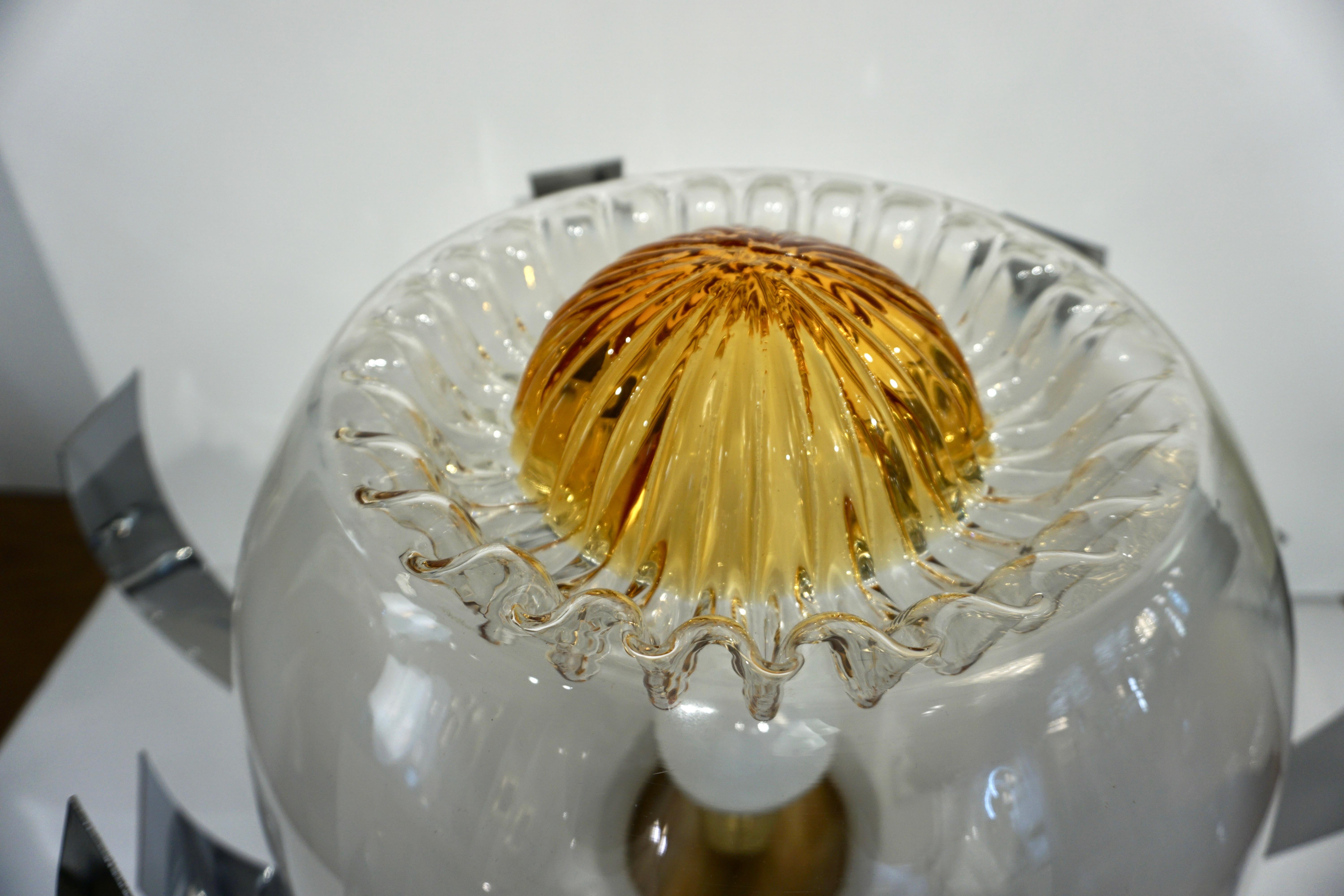 Blown Glass Mazzega 1960s Nickel White & Amber Murano Art Glass Flower Desk / Table Lamp For Sale