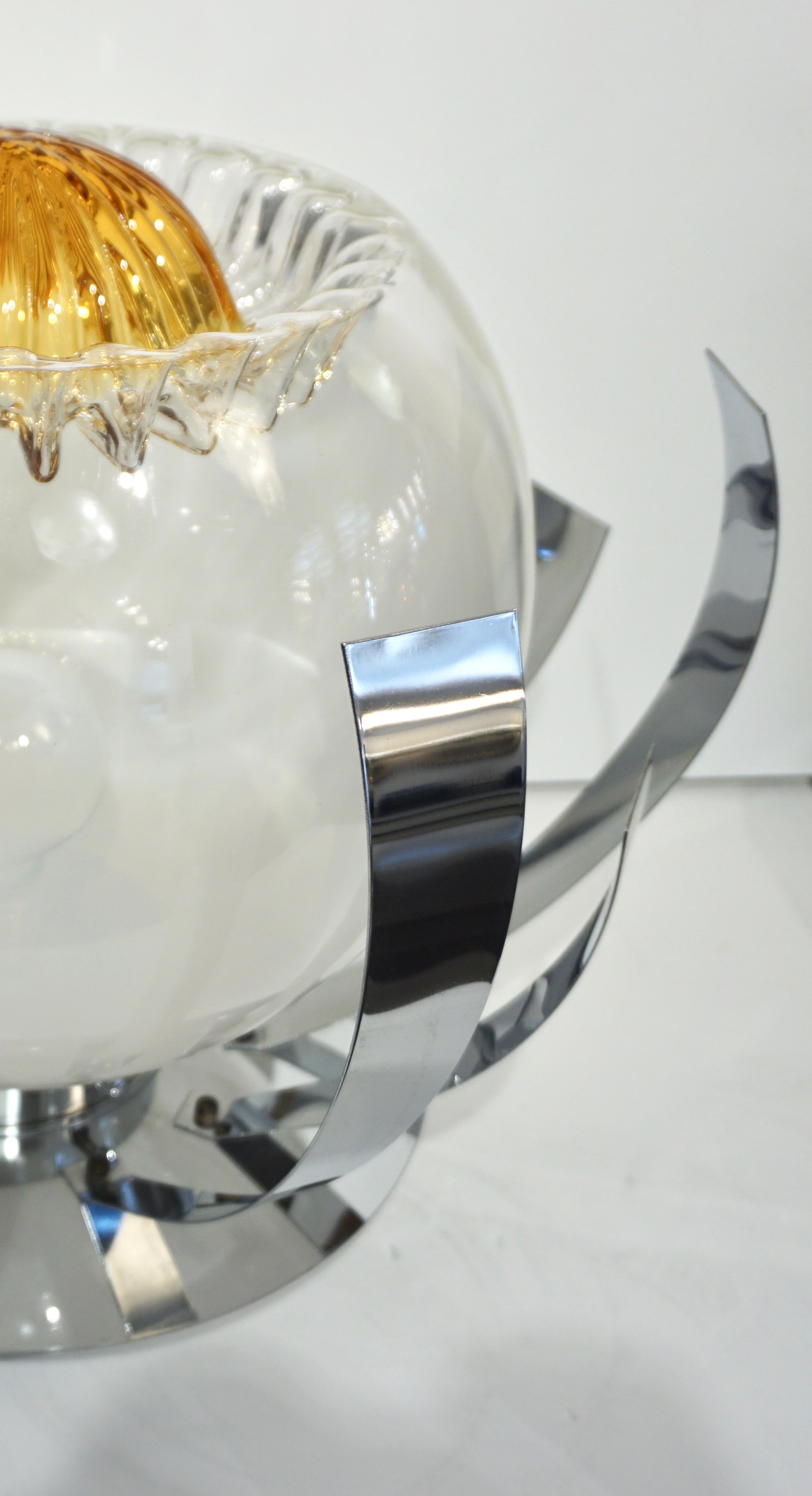 Mazzega 1960s Nickel White & Amber Murano Art Glass Flower Desk / Table Lamp For Sale 2
