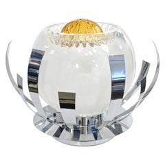Mazzega 1960s Nickel White & Amber Murano Art Glass Flower Desk / Table Lamp