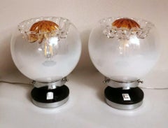 Mazzega Attibuted Pair of Nickel-Plated Metal and Murano Milk Glass Table Lamps