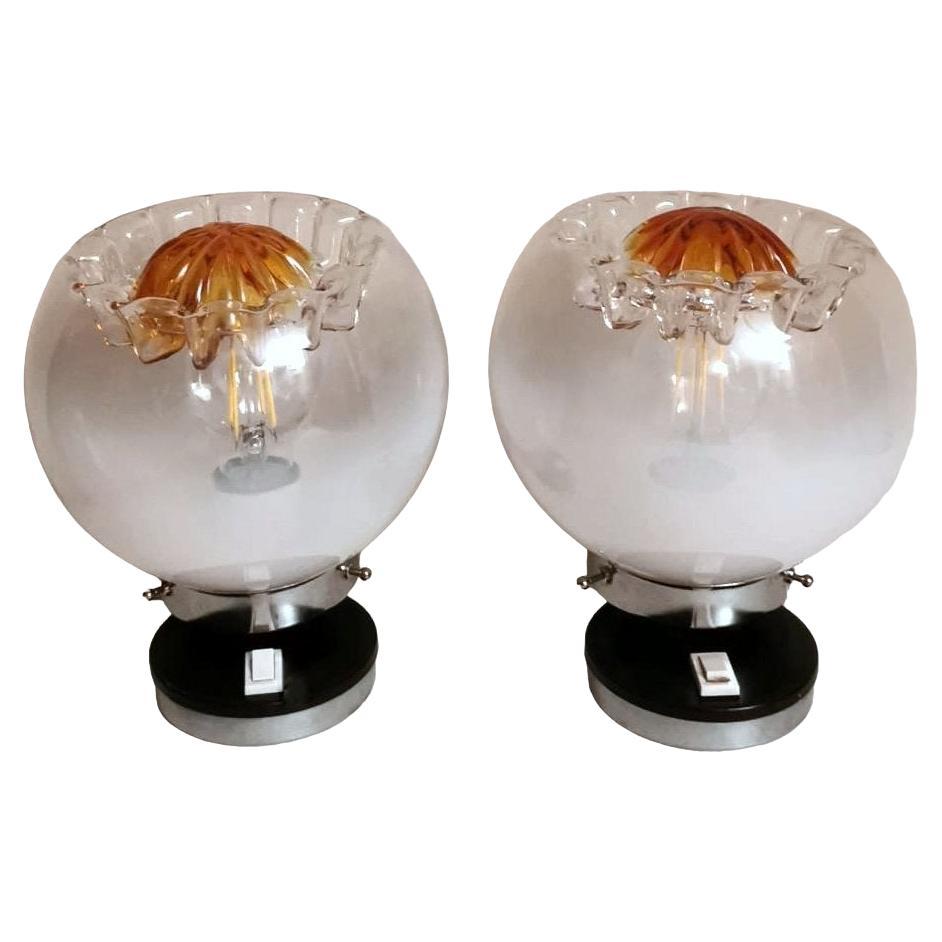 Mazzega Attibuted Pair of Nickel-Plated Metal and Murano Milk Glass Table Lamps For Sale
