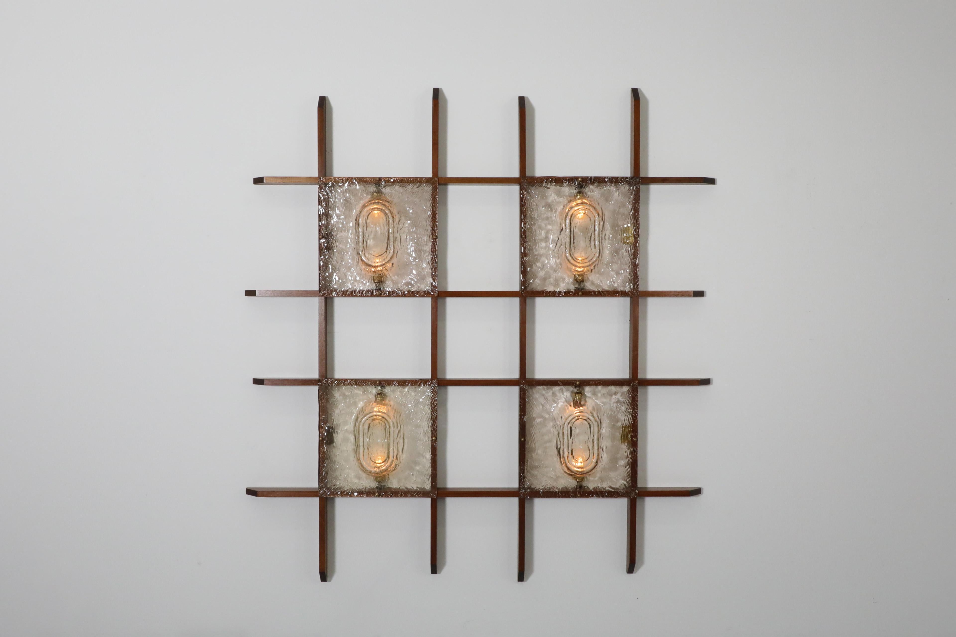 Mid-Century Modern Mazzega Attributed Italian Teak Wall Mount Light with Slumped Glass Shades For Sale