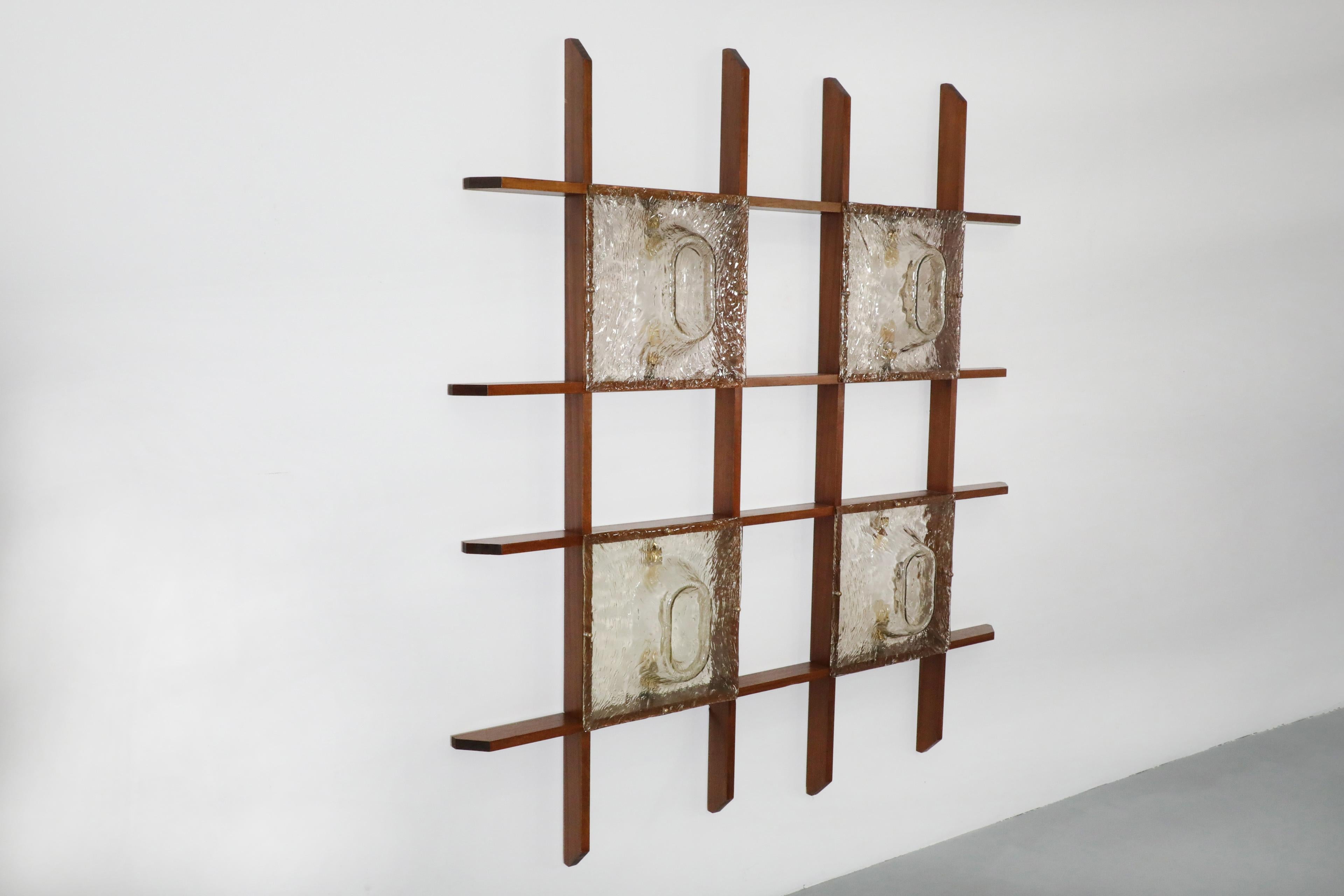 Mid-20th Century Mazzega Attributed Italian Teak Wall Mount Light with Slumped Glass Shades For Sale