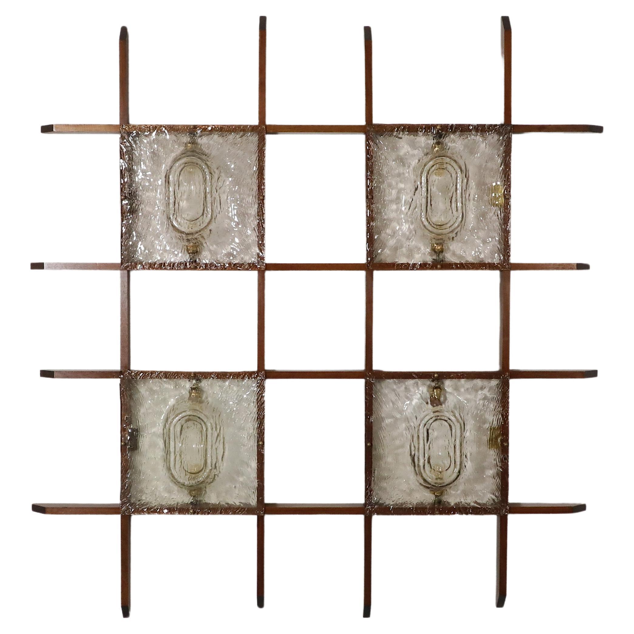 Mazzega Attributed Italian Teak Wall Mount Light with Slumped Glass Shades For Sale