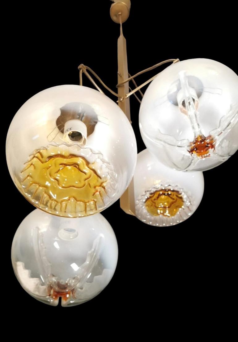 Mazzega Attributed Satin-Finished Brass and Murano Glass Chandelier For Sale 6