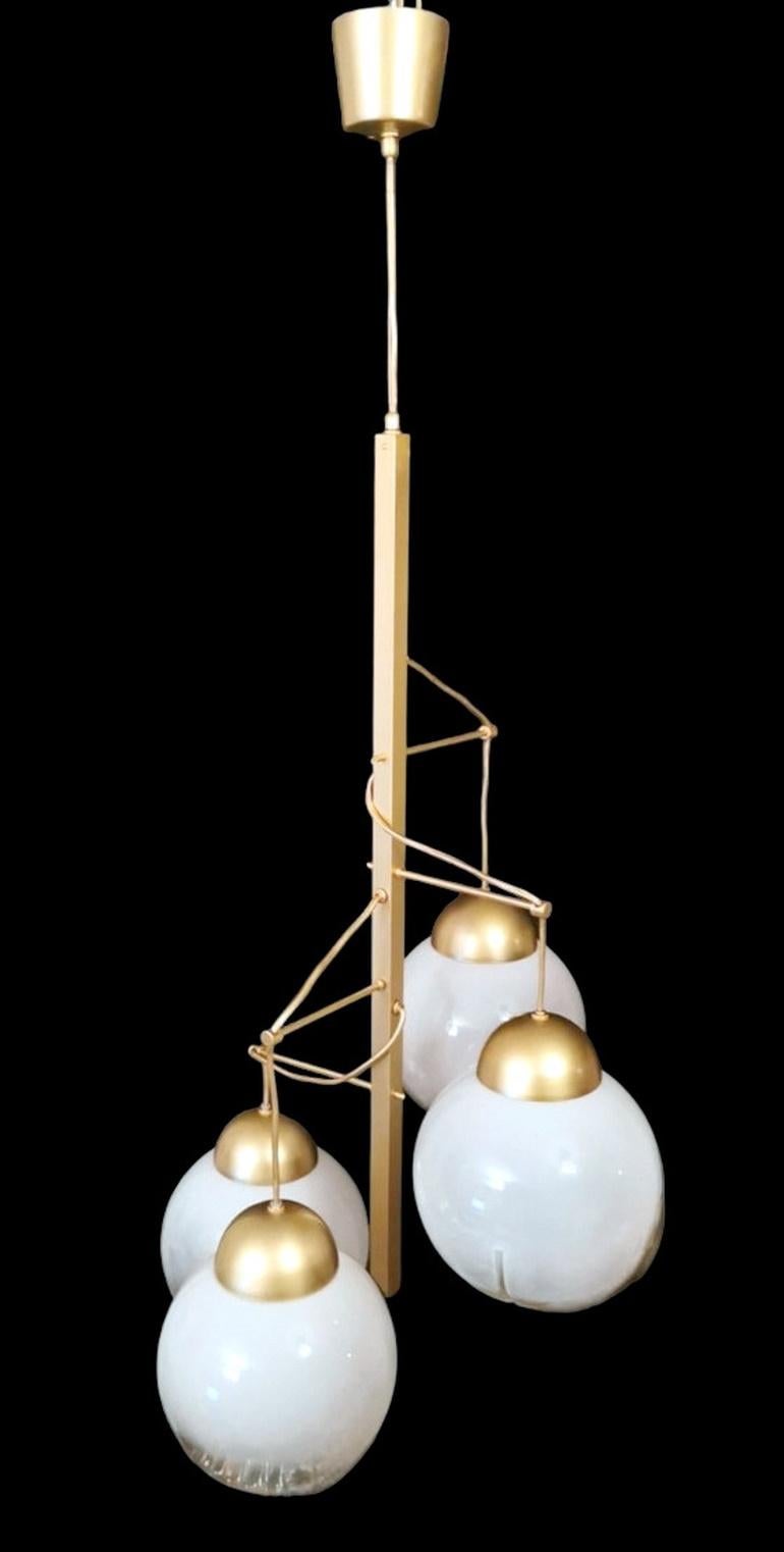 Space Age Mazzega Attributed Satin-Finished Brass and Murano Glass Chandelier For Sale