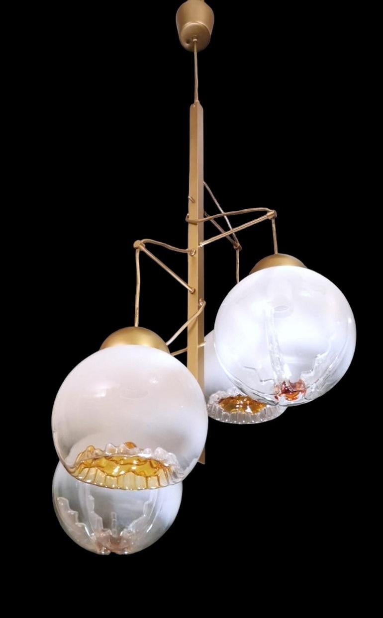 Hand-Crafted Mazzega Attributed Satin-Finished Brass and Murano Glass Chandelier For Sale